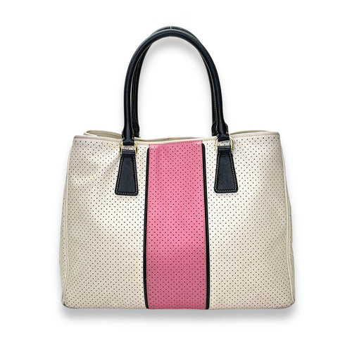 Perforated Galleria White Top Handle Bag in Calfskin, Gold hardware