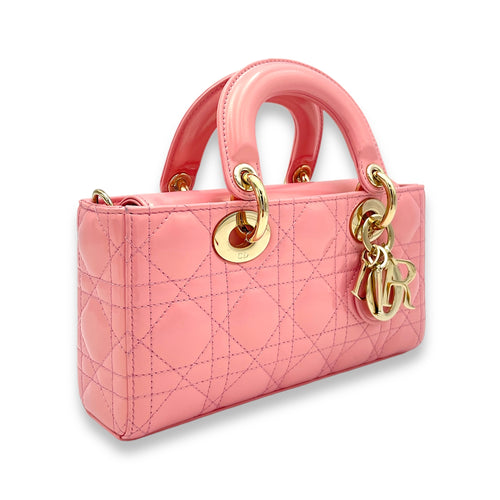 Lady D-Joy Small Pink Top Handle Bag in Patent Leather, Gold hardware