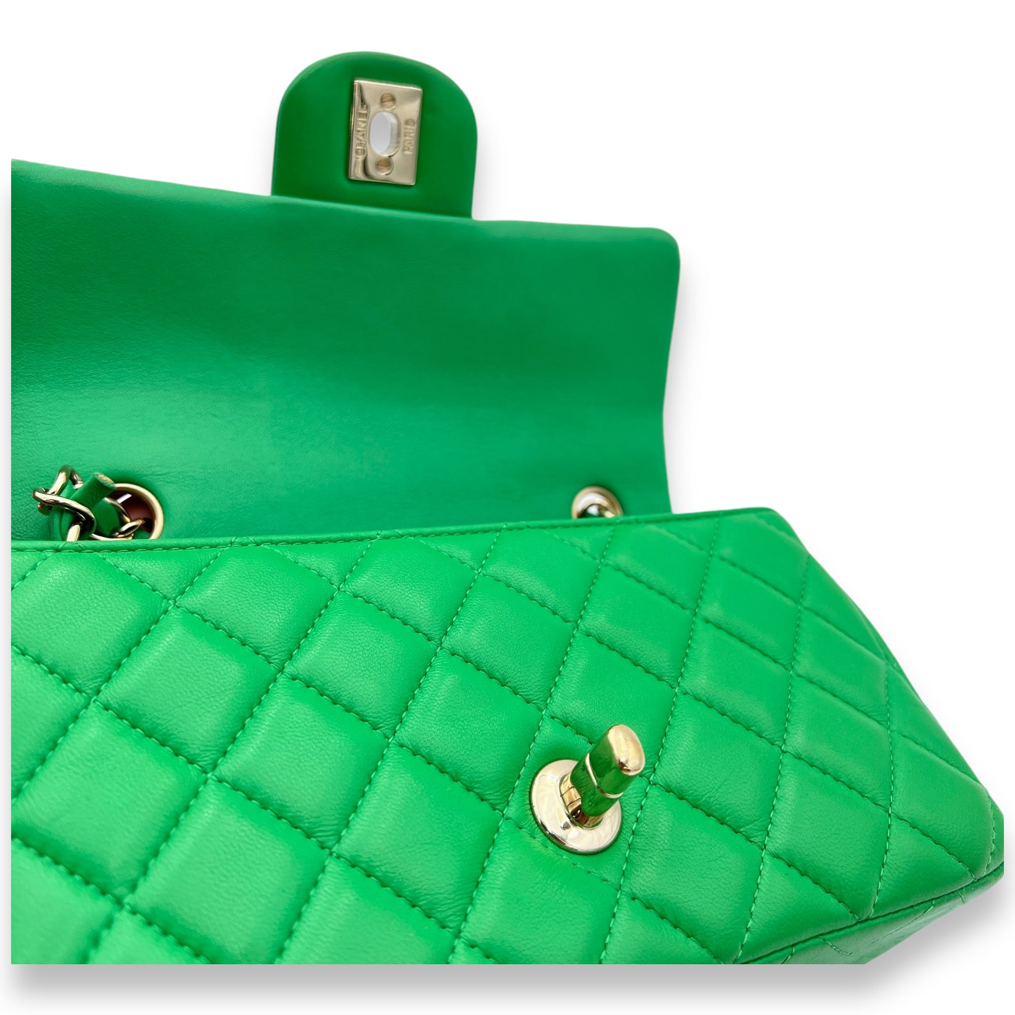 Classic Mini Rectangular Green Crossbody Bag in Lambskin, Gold hardware