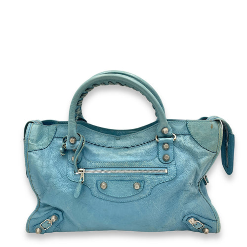 City Medium Blue Top Handle Bag in Distressed Leather, Silver hardware