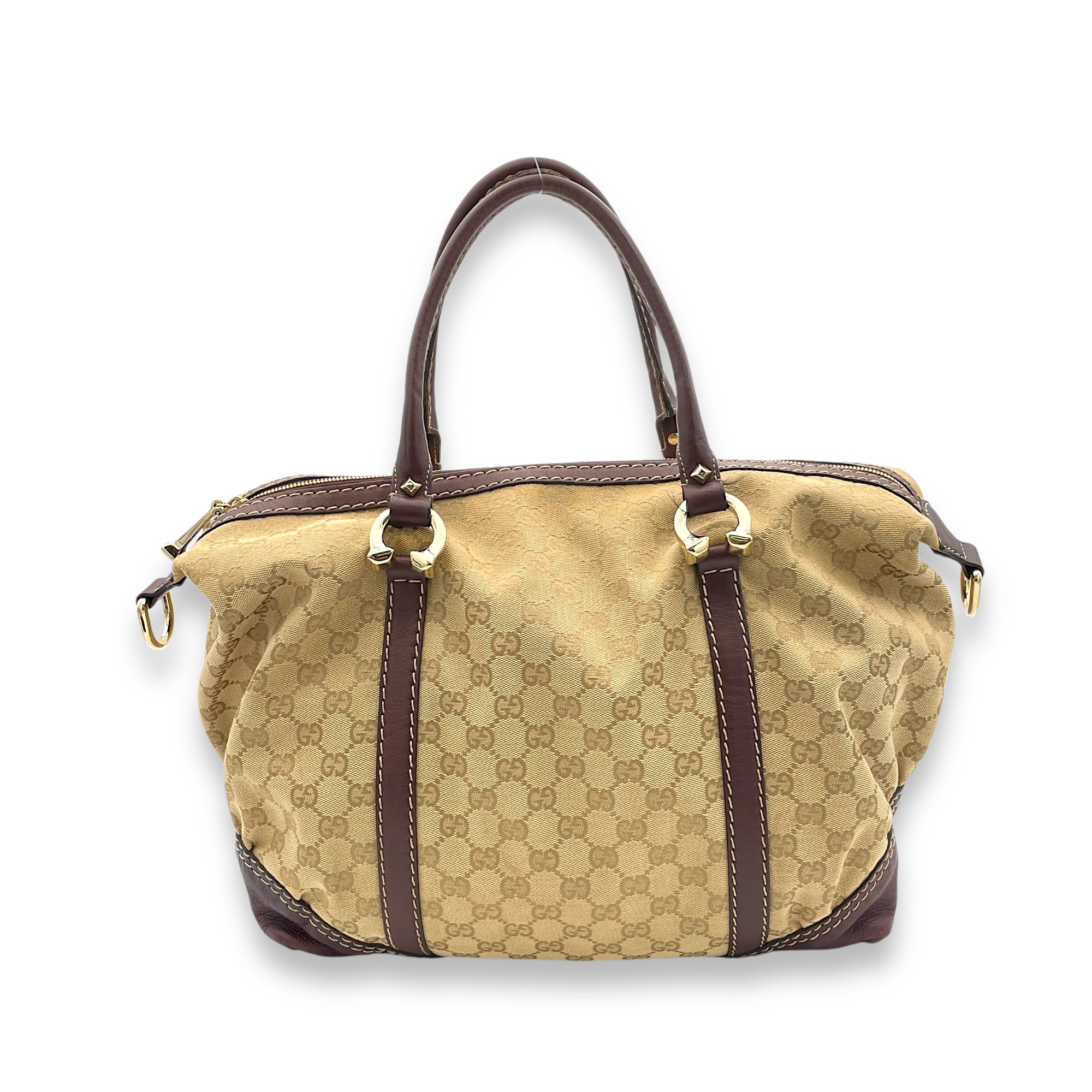 Horsebit Nail Boston  Top Handle Bag Brown in Canvas, Gold hardware