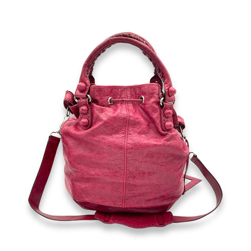 PomPon Red Top Handle Bag in Distressed Leather, Silver hardware