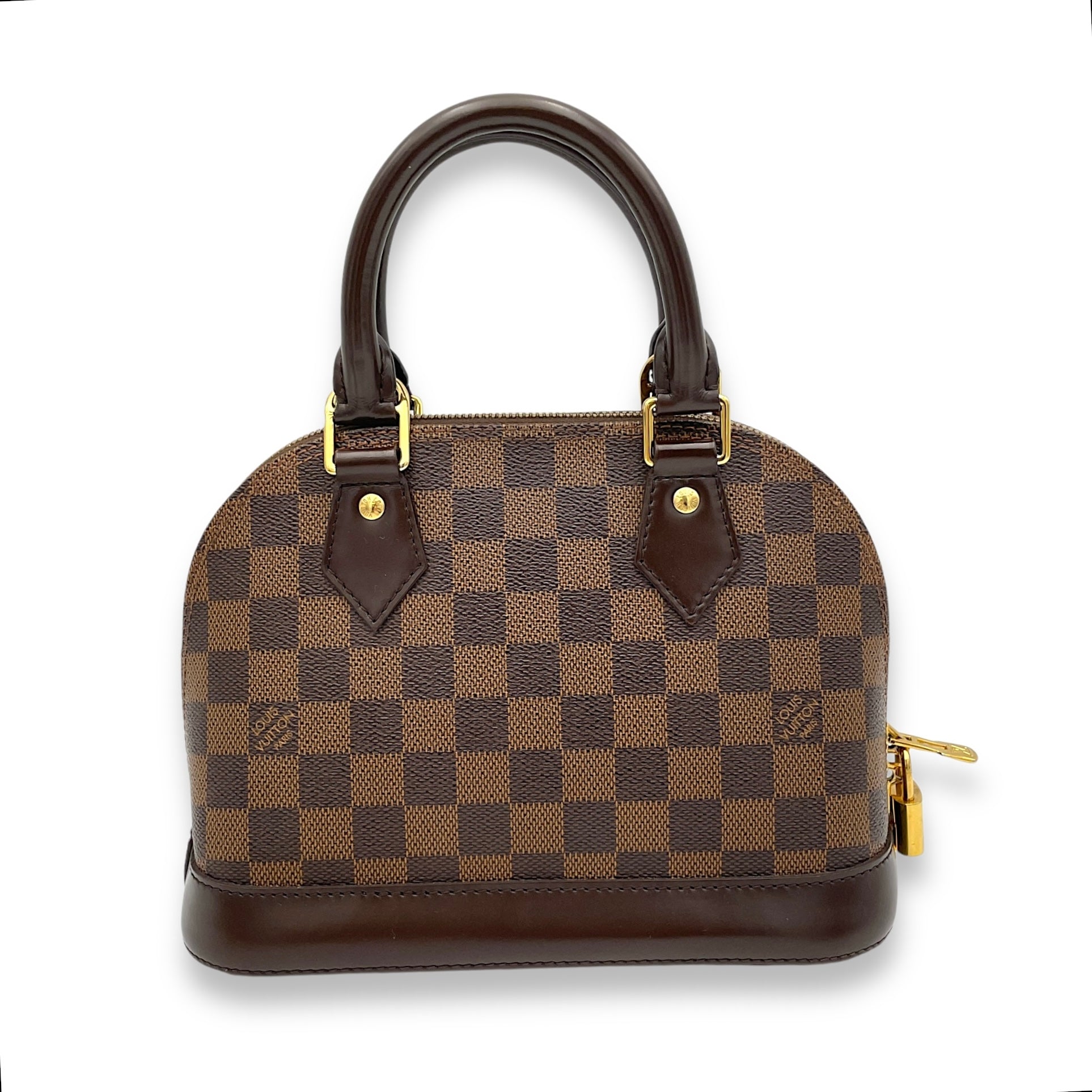 Alma BB Damier Ebene Top Handle Bag in Coated Canvas, Gold hardware