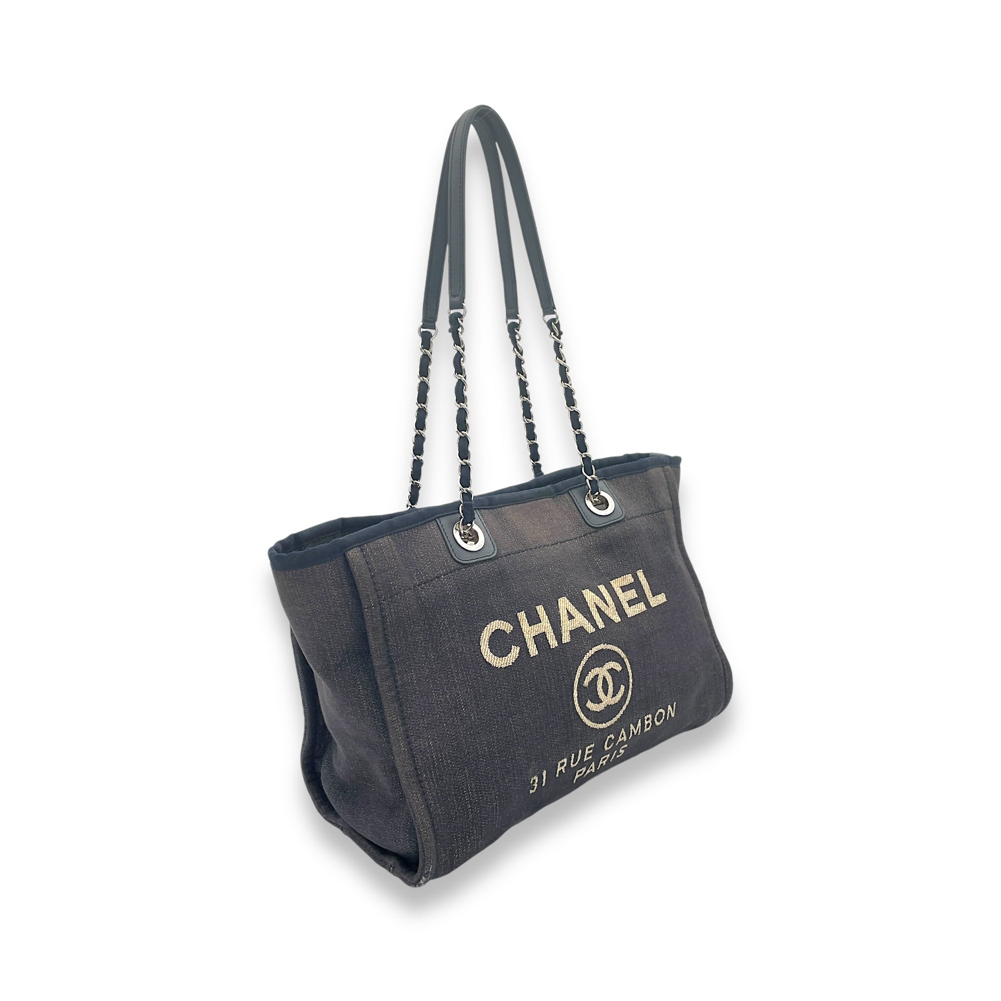 Deauville Blue Top Handle Bag in Denim, Silver hardware