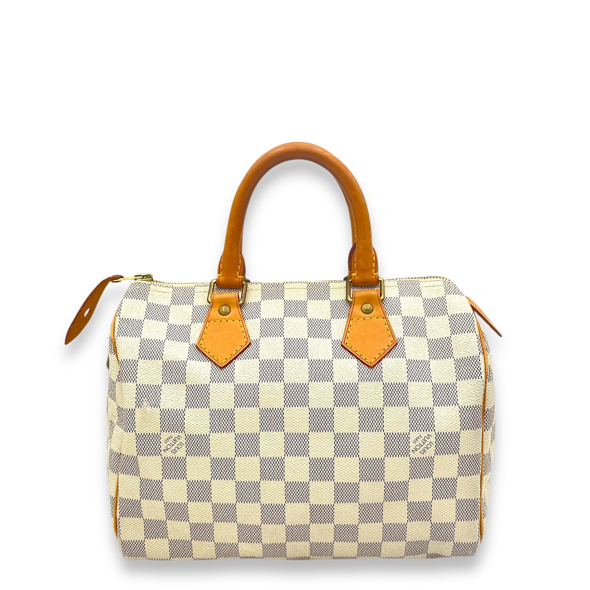 Speedy 25 Damier Azur Top Handle Bag in Coated Canvas, Gold hardware