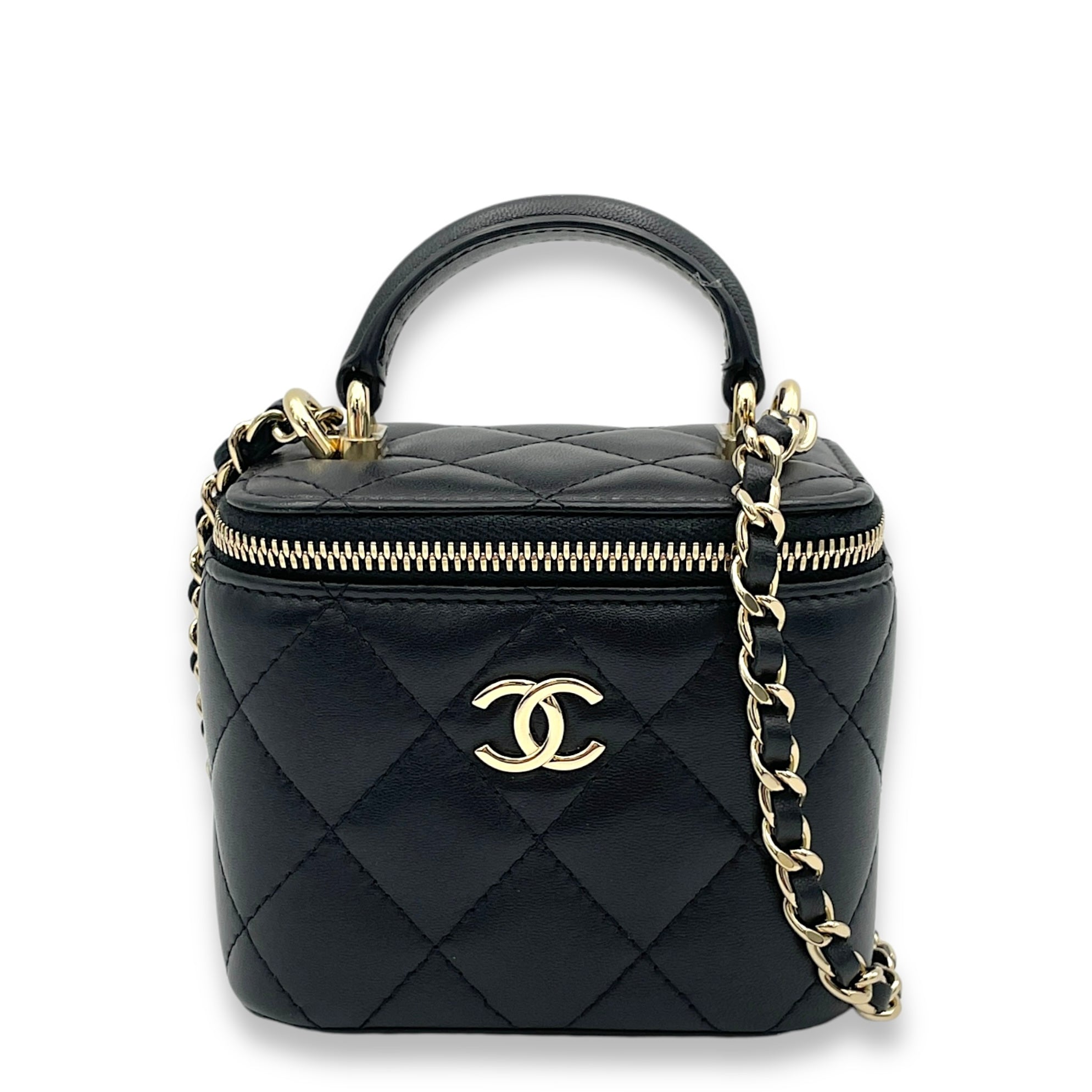 Vanity Top Handle Bag Black in Lambskin, Gold hardware