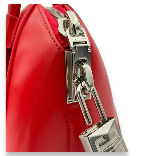 Lock Antigona Small Red Top Handle Bag in Calfskin, Silver hardware