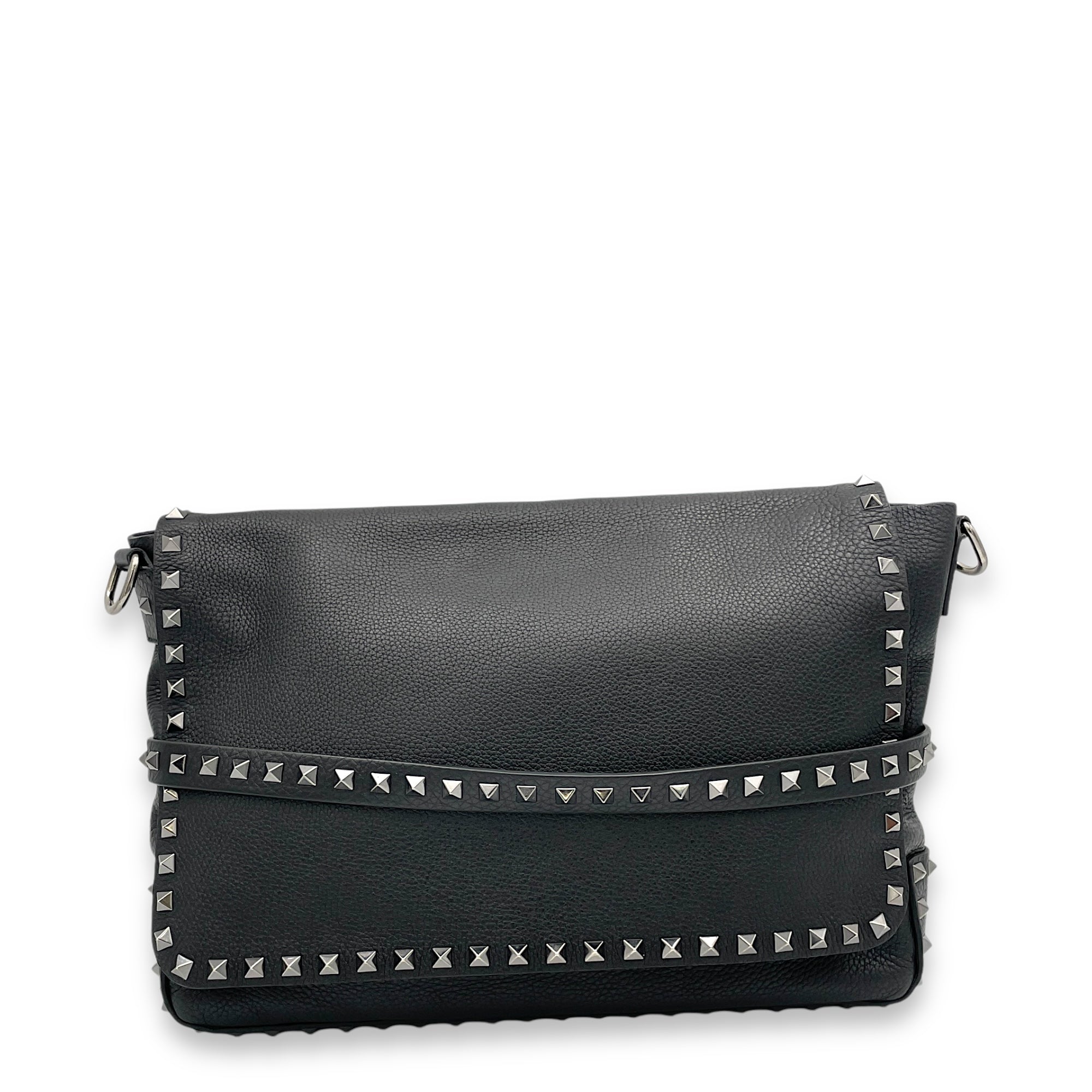 Rockstud Flap Black Messenger in Calfskin, Silver hardware