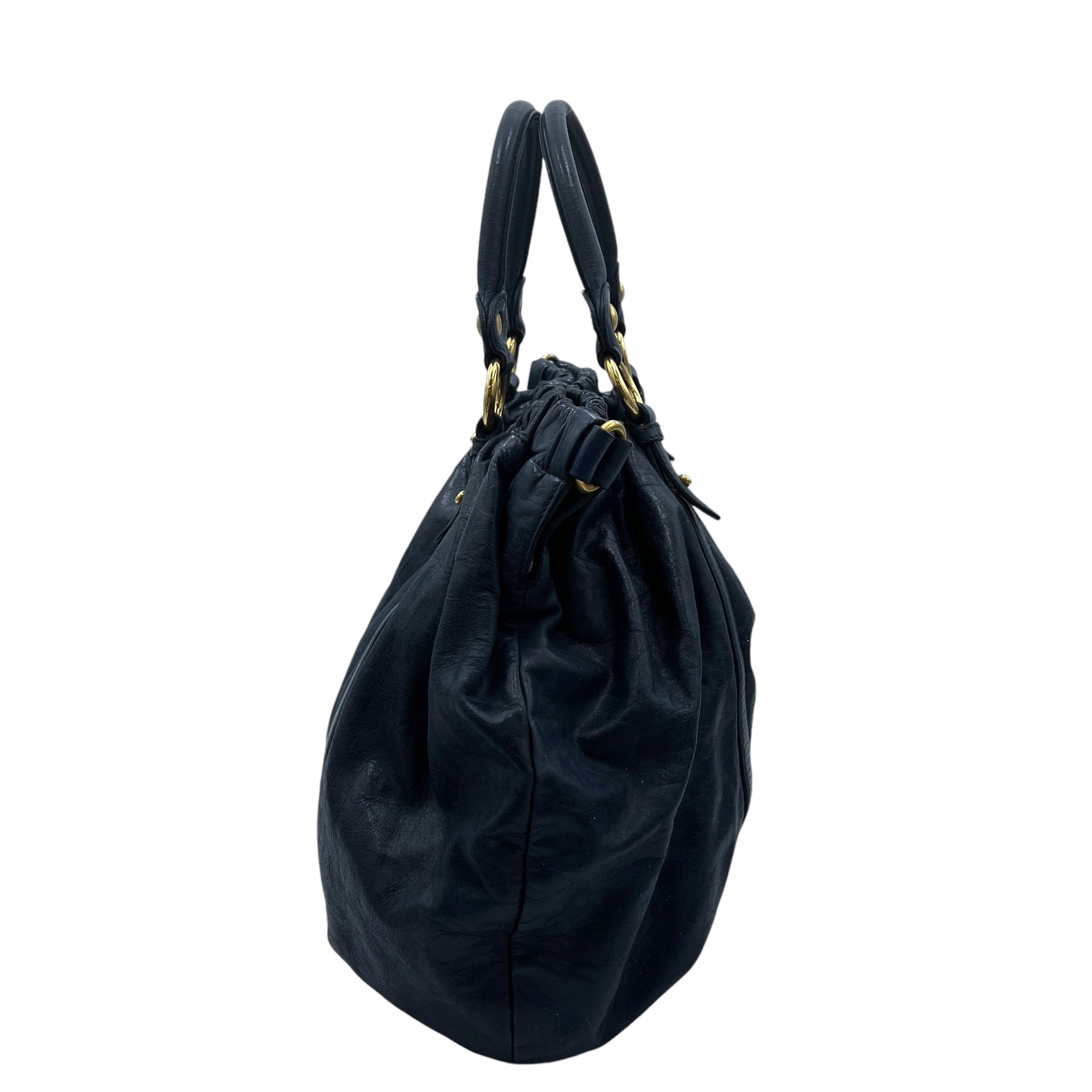 Vitello Lux Blue Top Handle Bag in Distressed Leather, Gold hardware