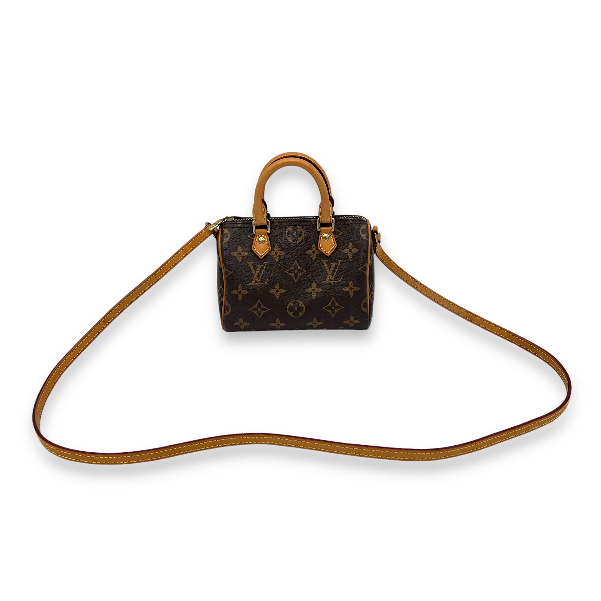 Speedy Bandouliere Nano Brown Top Handle Bag in Monogram Coated Canvas, Gold hardware