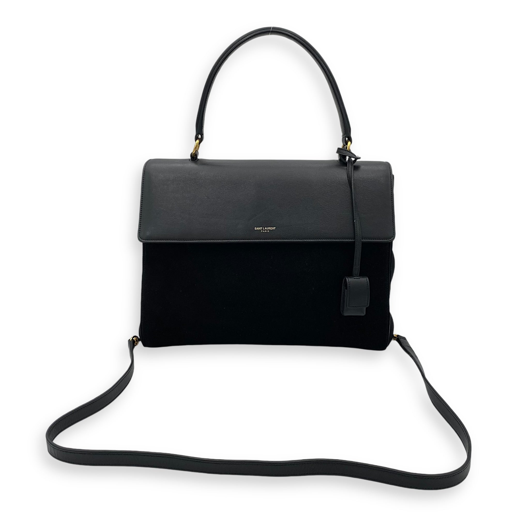 Moujik Top Handle Bag Black in Suede Leather, Gold hardware