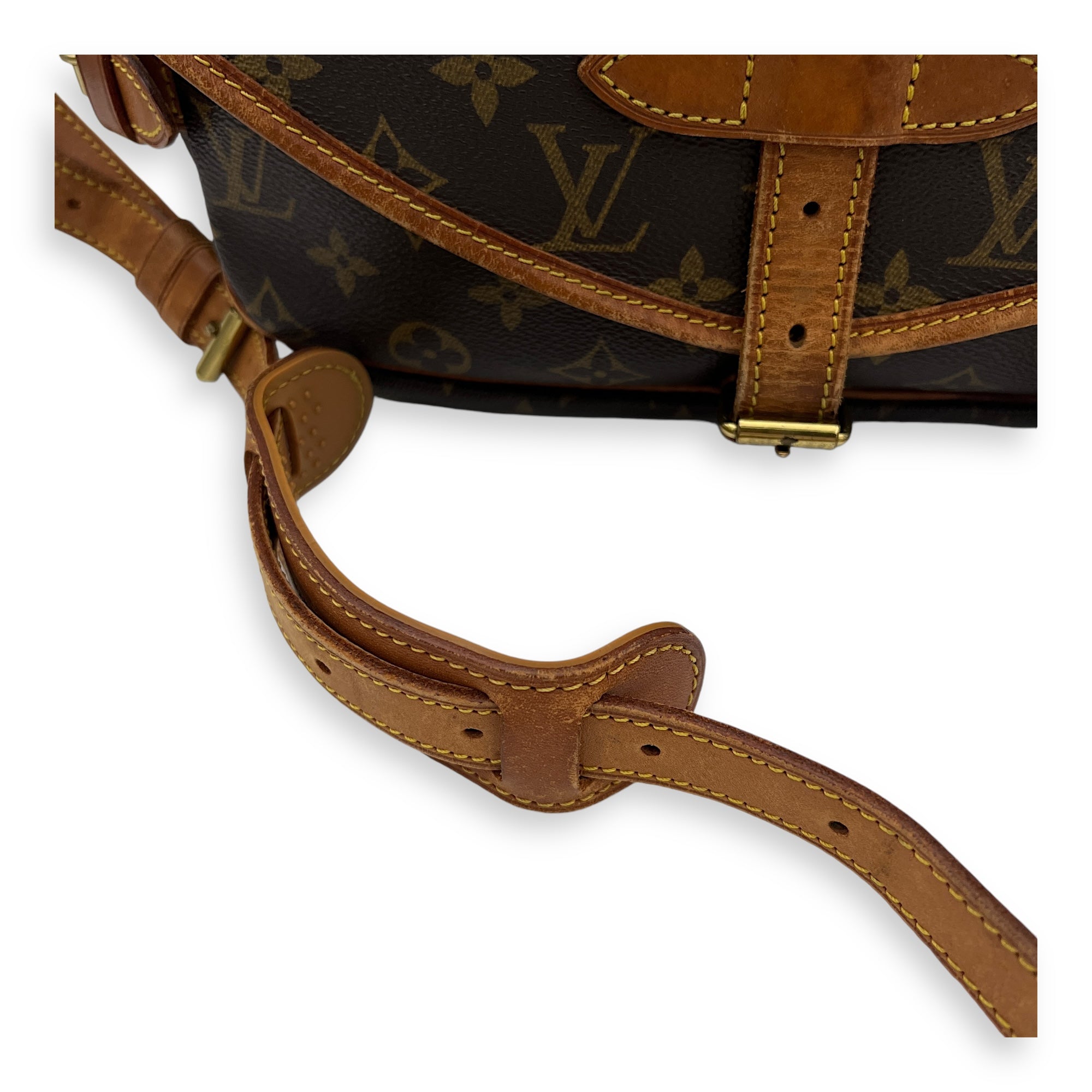 Saumur Crossbody Bag Brown in Monogram Coated Canvas, Gold hardware