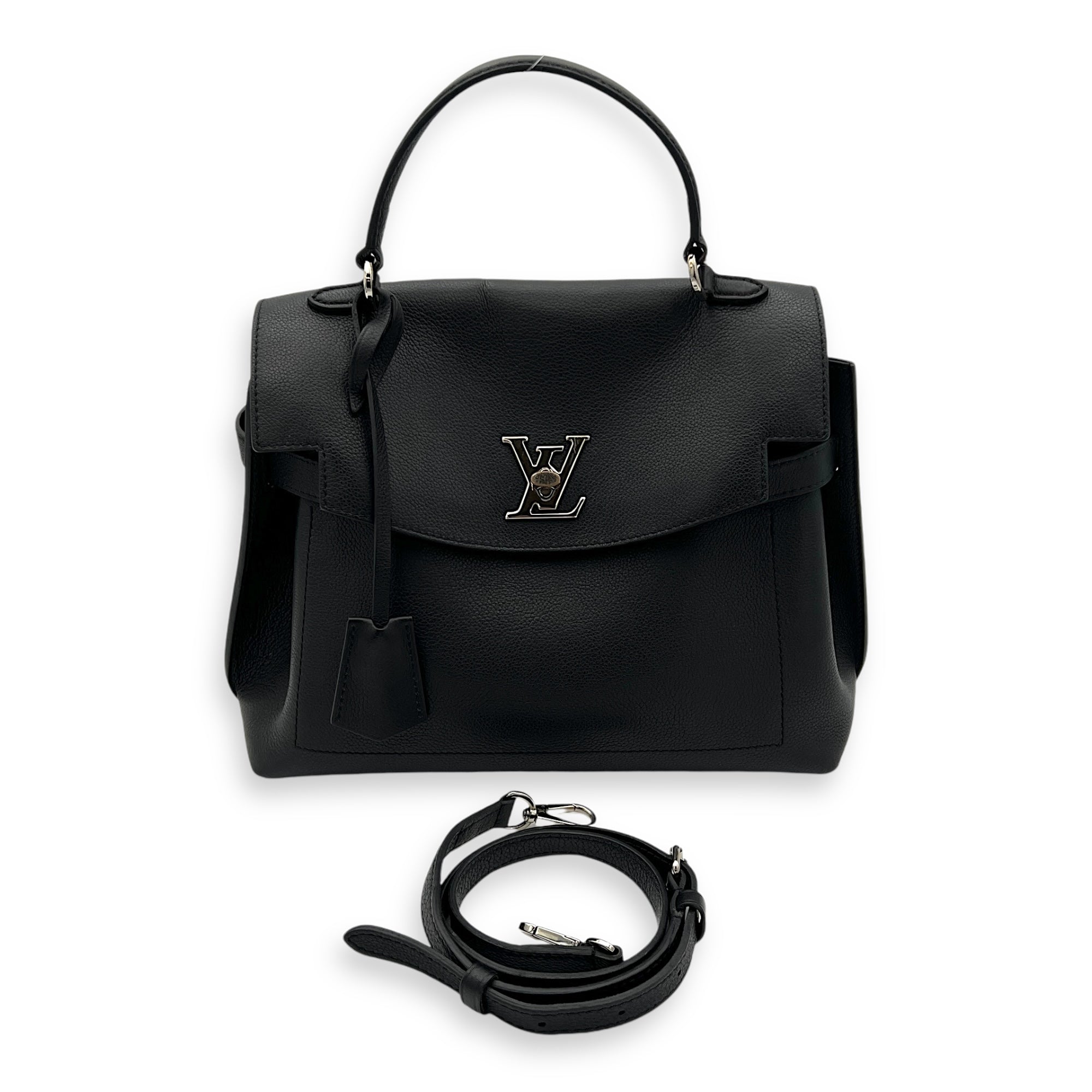 LockMe Ever MM Black Top Handle Bag in Calfskin, Silver hardware