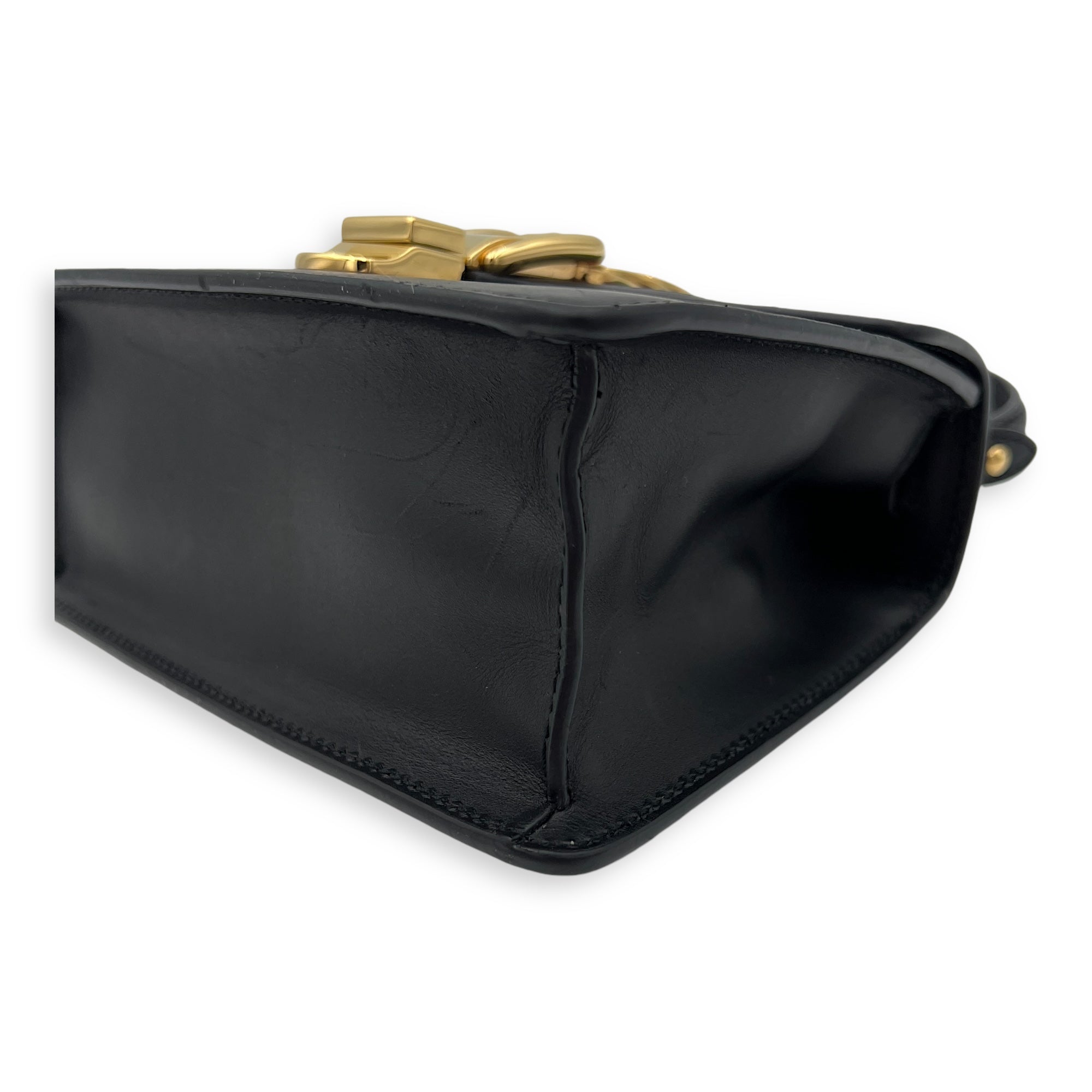 Sylvie Mini Black Top Handle Bag in Calfskin, Gold hardware