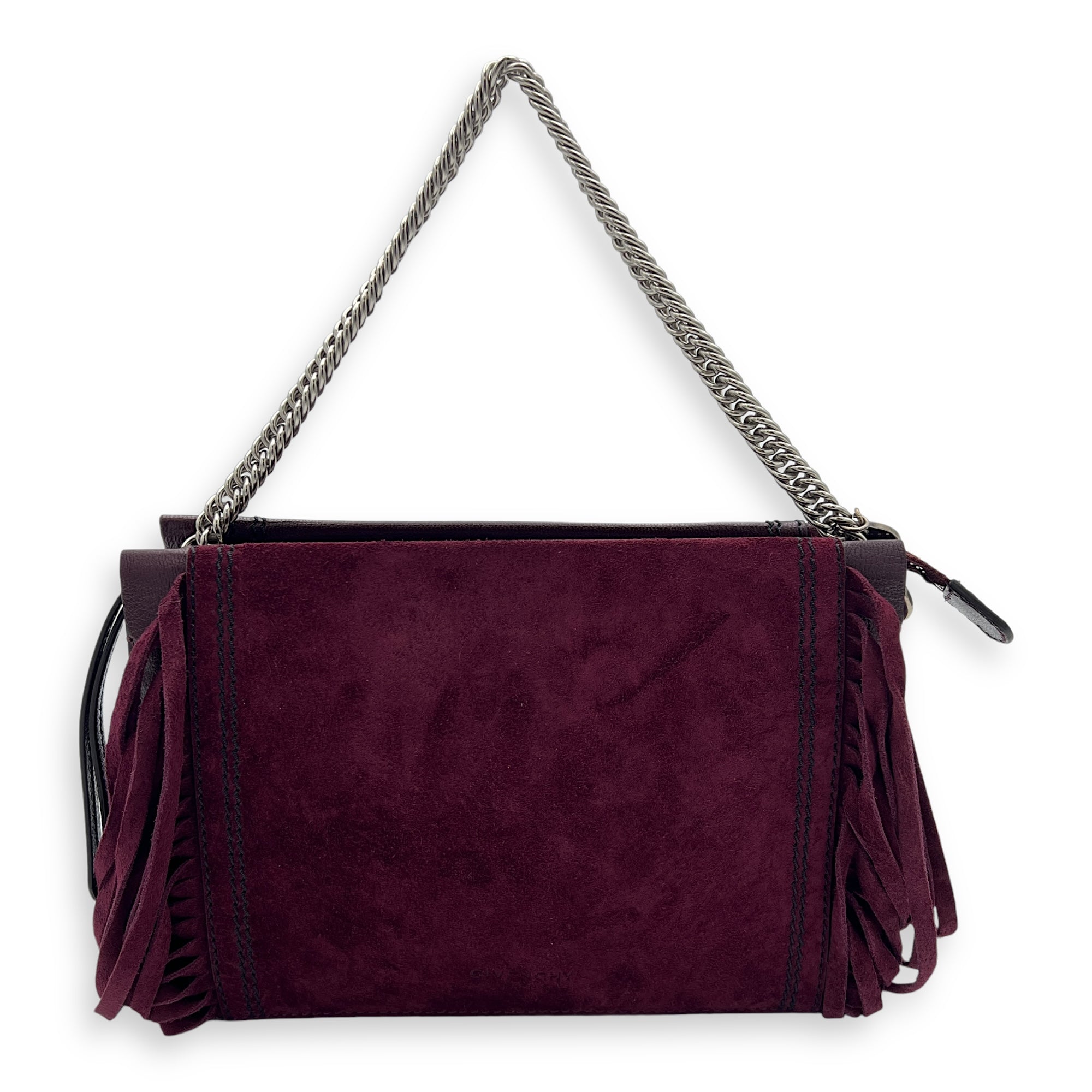 Fringe Purple Crossbody Bag in Suede Leather, Silver hardware