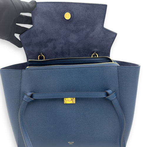 Celine Luggage Mini Blue Top Handle Bag in Caviar Leather, Gold hardware_13