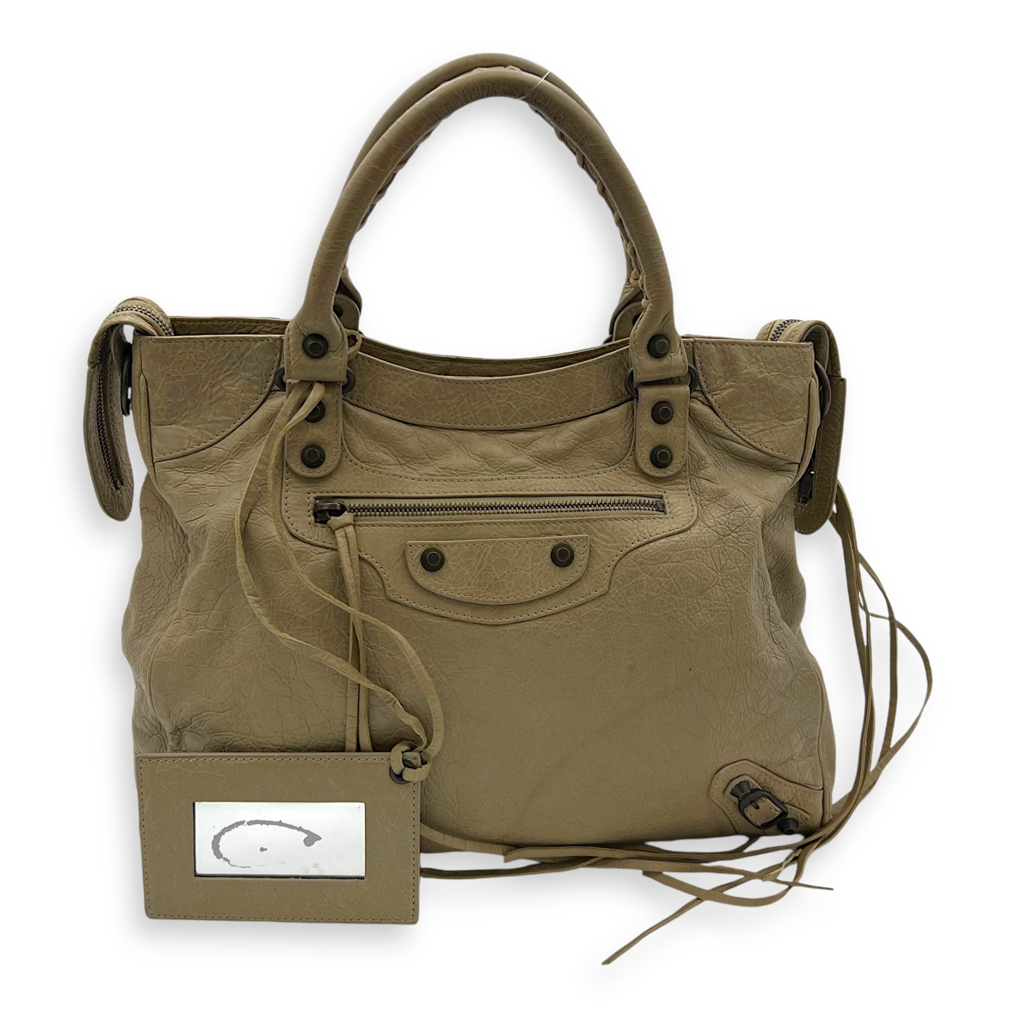 Balenciaga Velo Top Handle Bag Beige in Distressed Leather, Gunmetal hardware_13