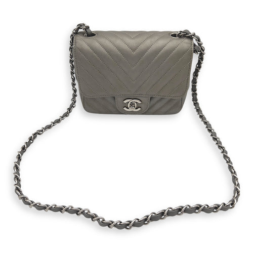 Chanel Chevron Square Mini Grey Crossbody Bag in Canvas, Silver hardware_13