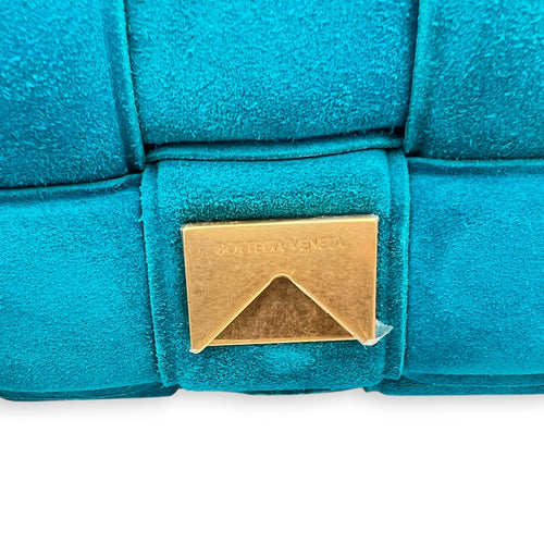 Bottega Veneta Cassette Crossbody Bag Blue in Suede Leather, Gold hardware_13