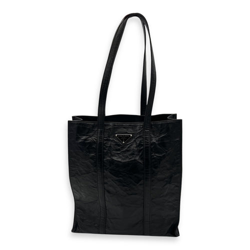 Prada Antique Logo Small Black Tote Bag in Nappa Leather, Silver hardware_13