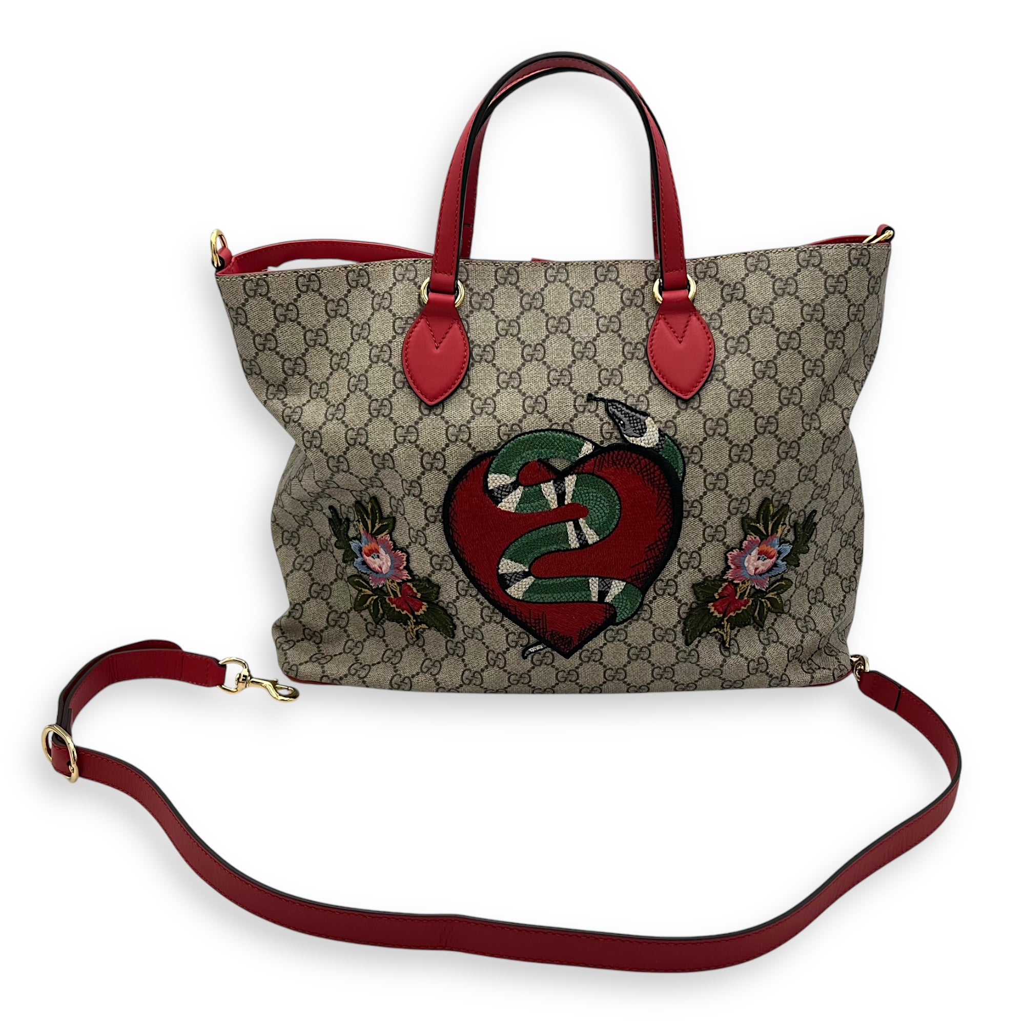 Gucci GG Supreme Snake Heart Grey Tote Bag in Coated Canvas, Silver hardware_13