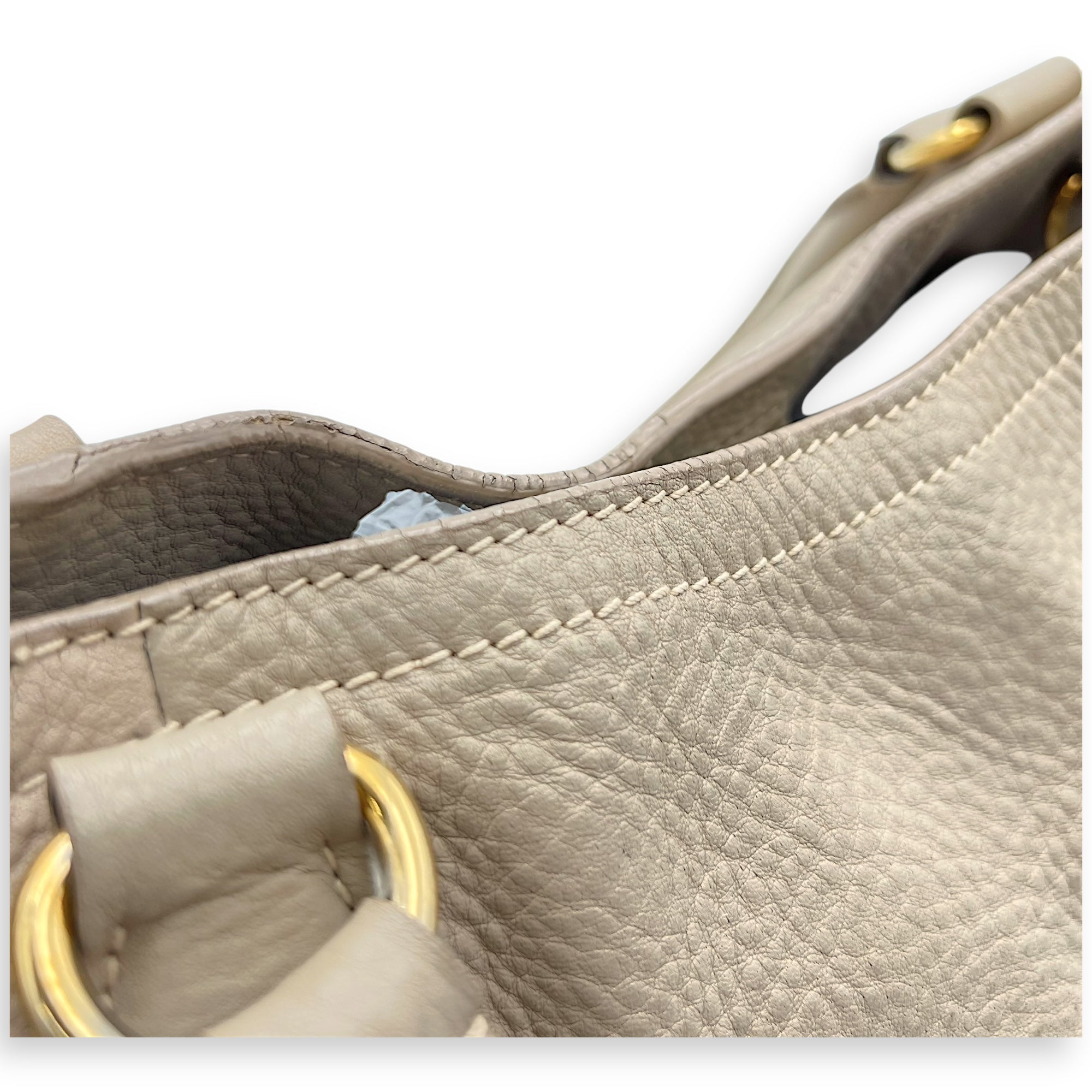 Prada Logo Top Handle Bag Beige in Calfskin, Gold hardware_15