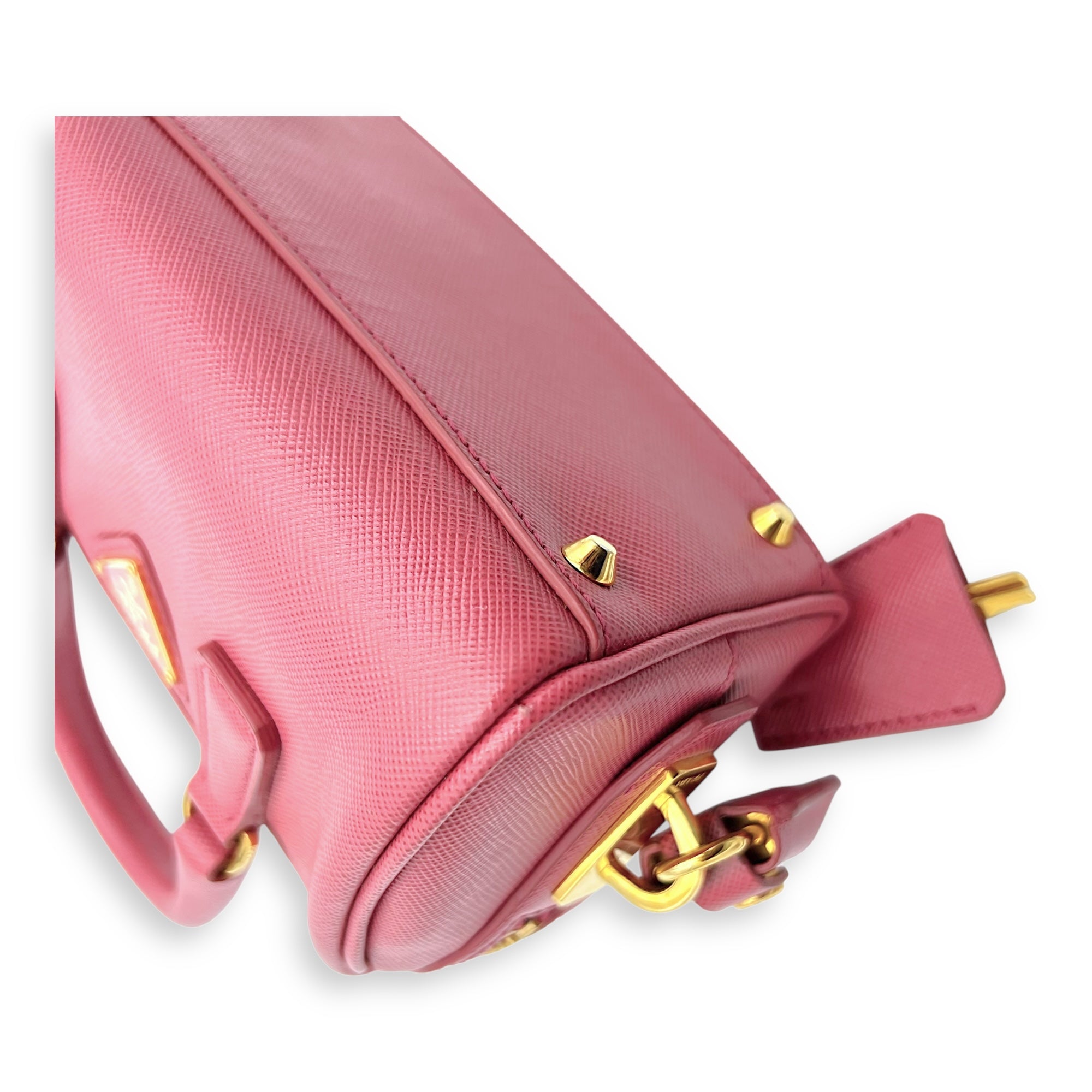 Prada Convertible Bowler Boston Mini Pink Top Handle Bag in Saffiano Leather, Gold hardware_14