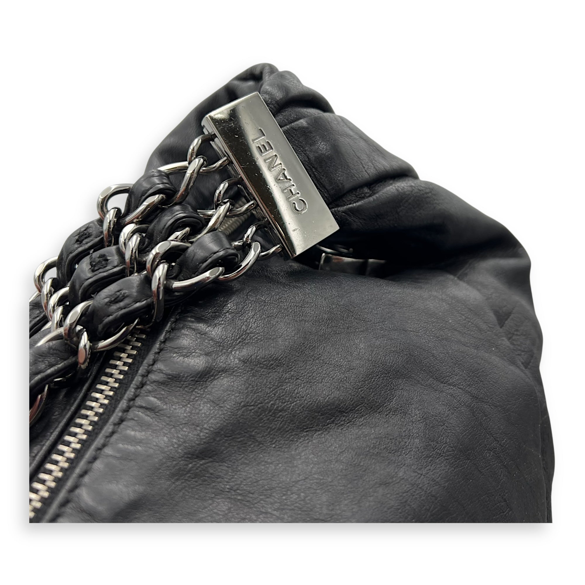 Chanel Triple Chain Shoulder Bag Black in Calfskin, Silver hardware_12