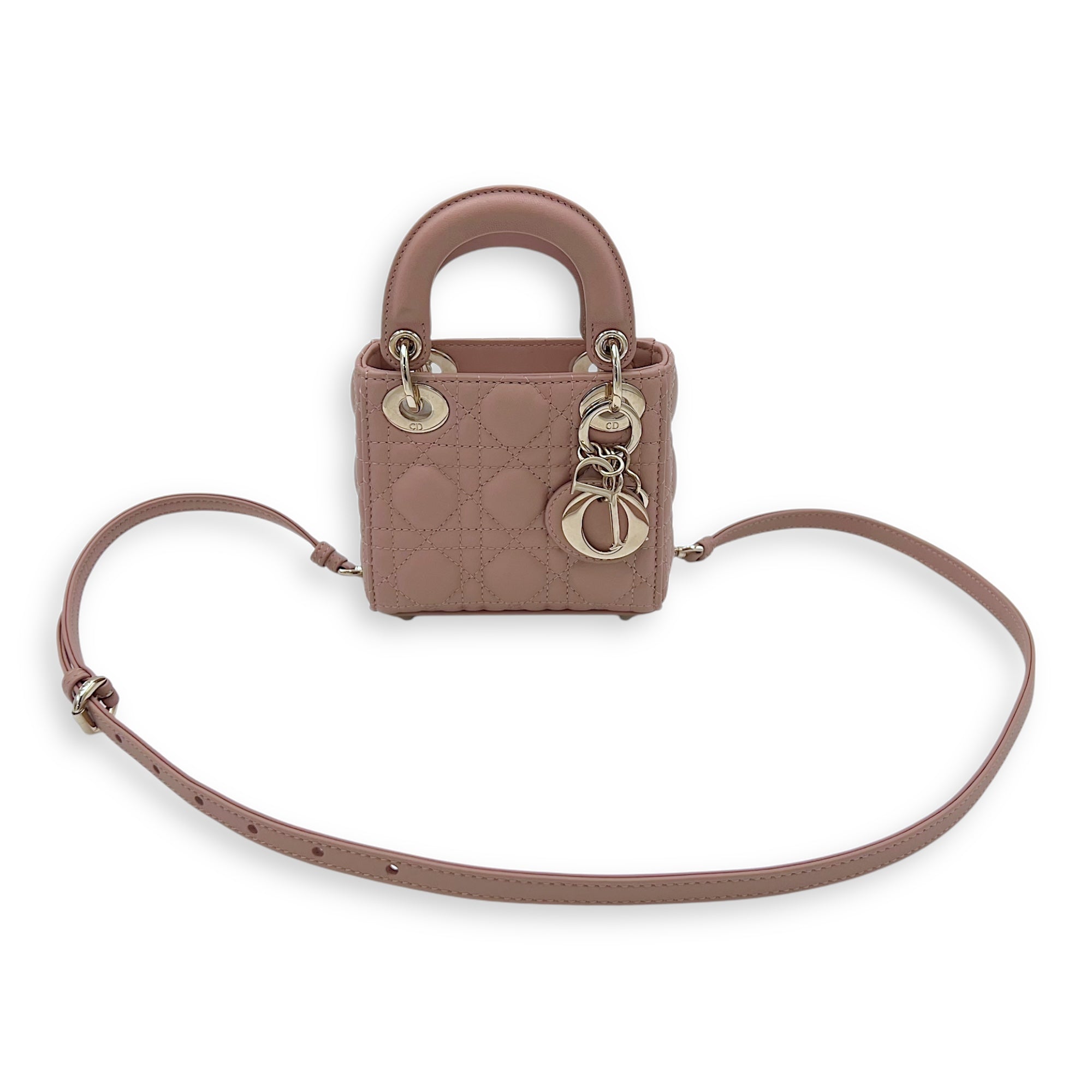 Christian Dior Lady Dior Micro Beige Top Handle Bag in Lambskin, Light Gold hardware_13