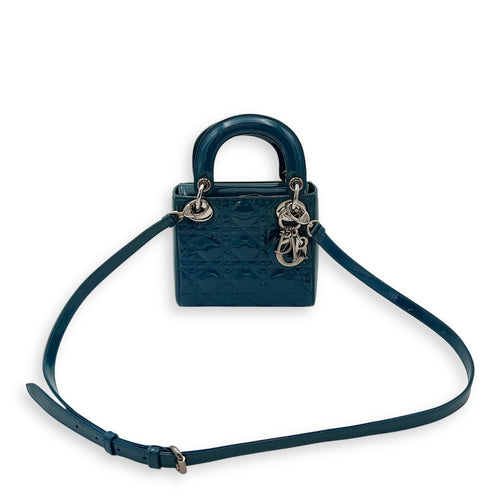 Christian Dior Lady Dior Mini Blue Top Handle Bag in Patent Leather, Silver hardware_12