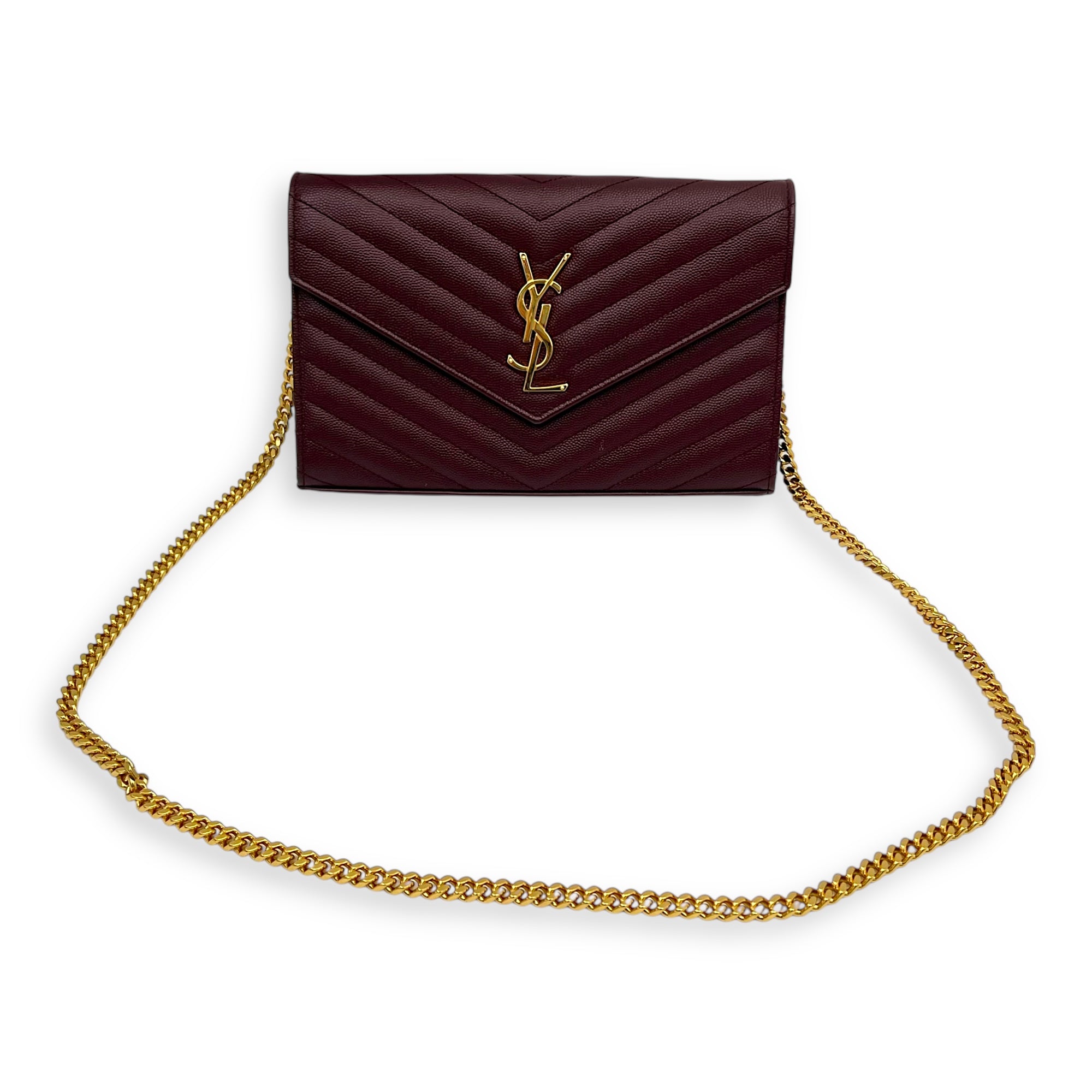 Saint Laurent Cassandre Red Wallet On Chain in Calfskin, Gold hardware_13