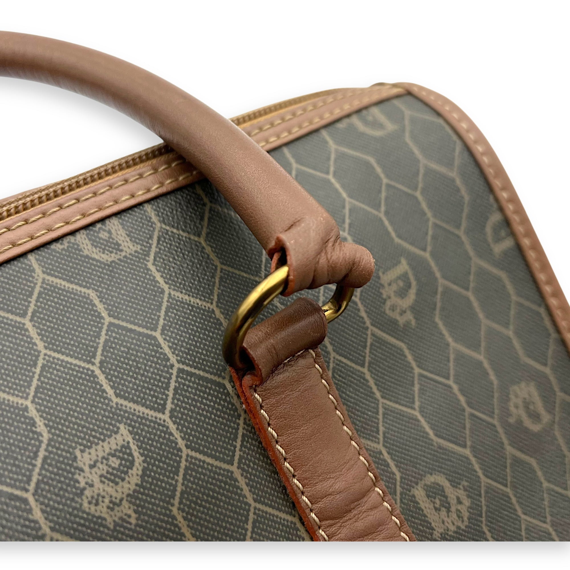 Christian Dior Honeycomb  Top Handle Bag Brown in Coated Canvas, Gold hardware_13