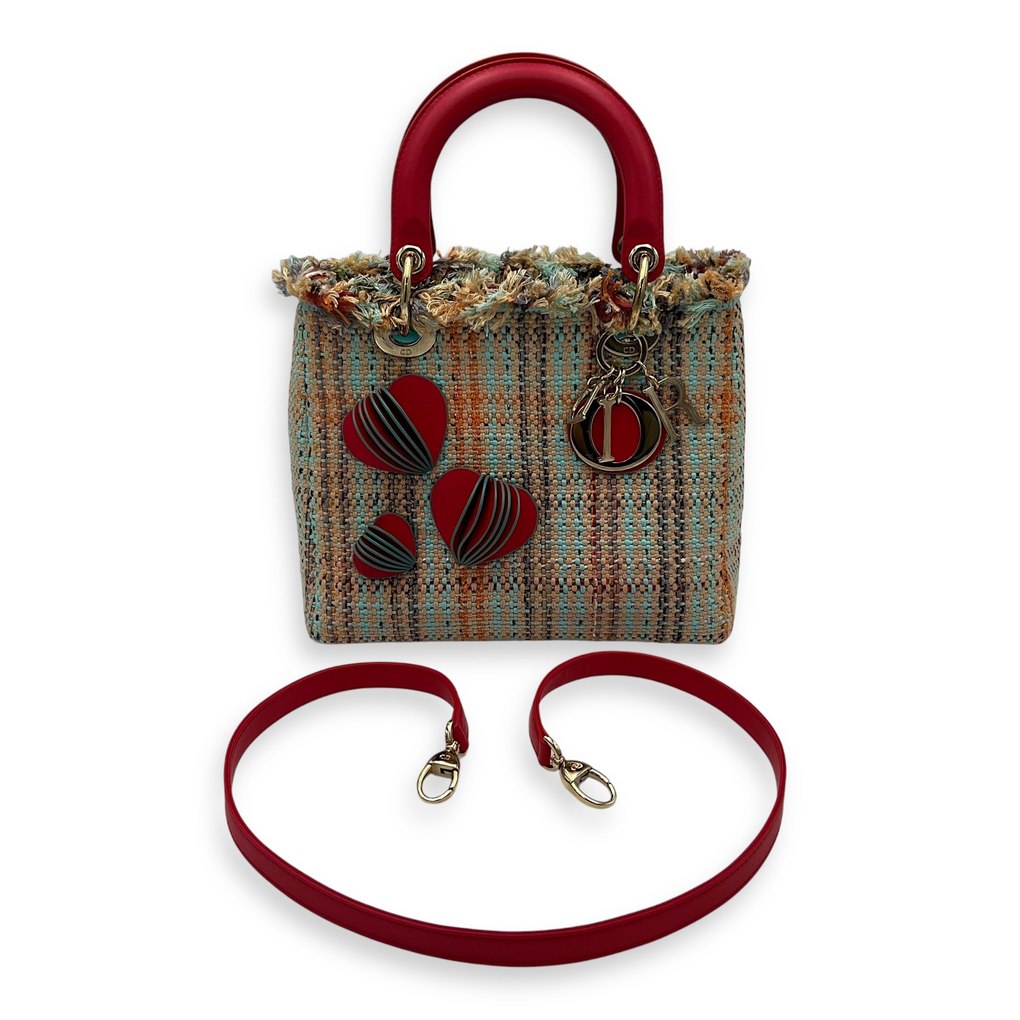 Christian Dior Lady Dior Medium Red Top Handle Bag in Tweed, Gold hardware_11