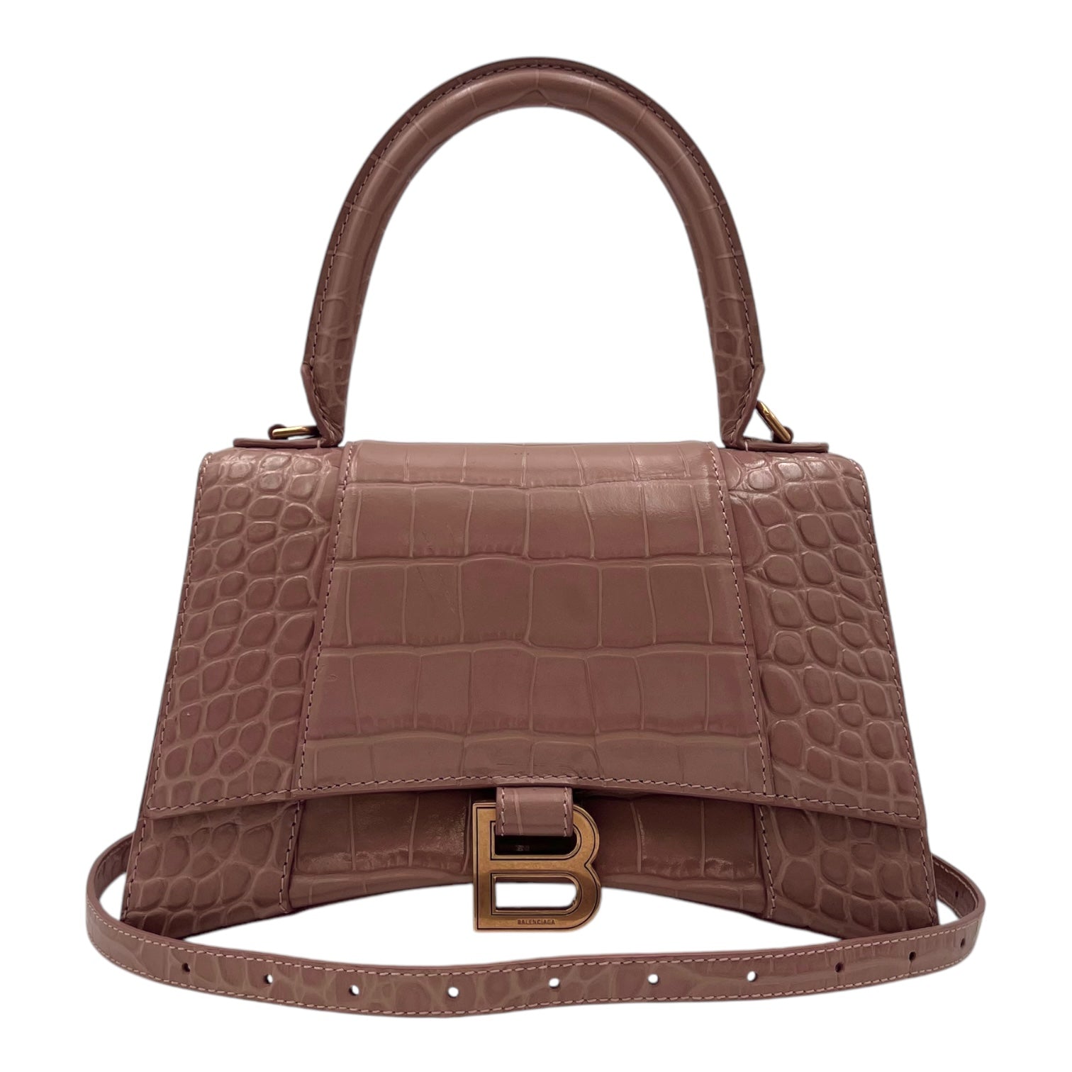 Balenciaga Hourglass Top Handle Bag Beige in Crocodile Embossed Calfskin, Silver hardware_13