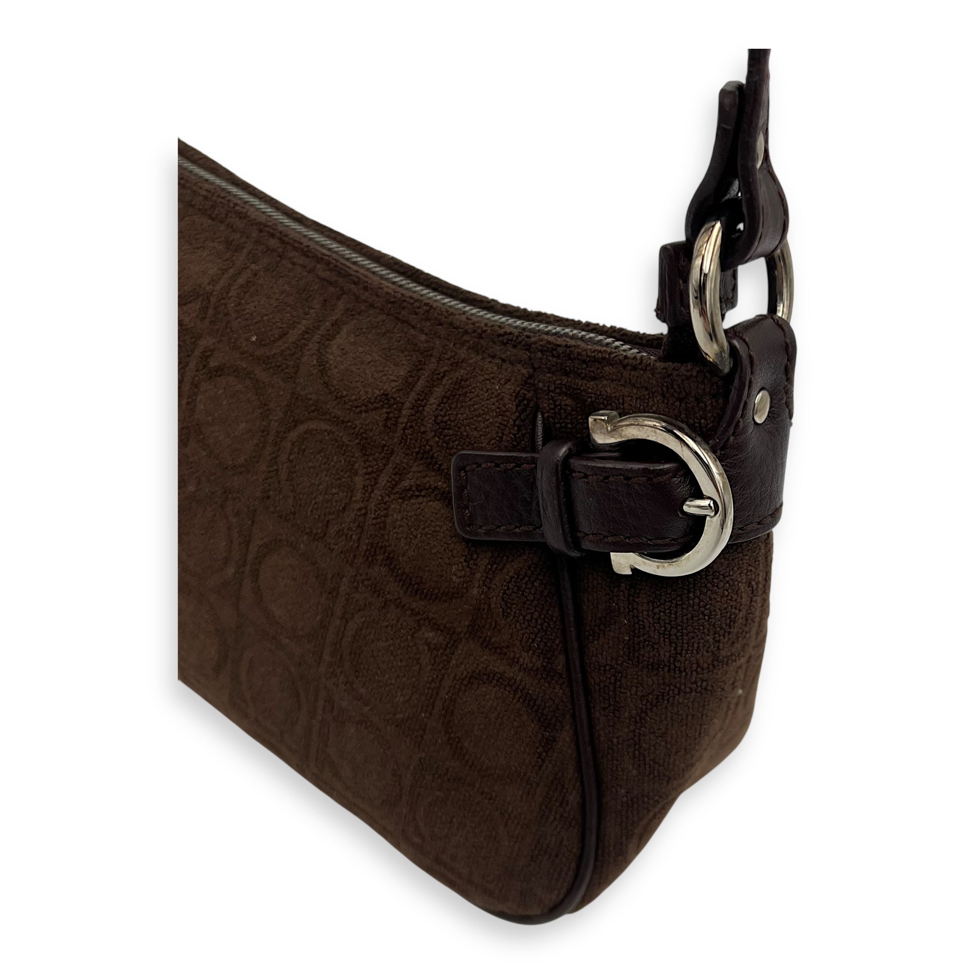 Salvatore Ferragamo Gancini Brown Shoulder Bag in Fabric, Silver hardware_10