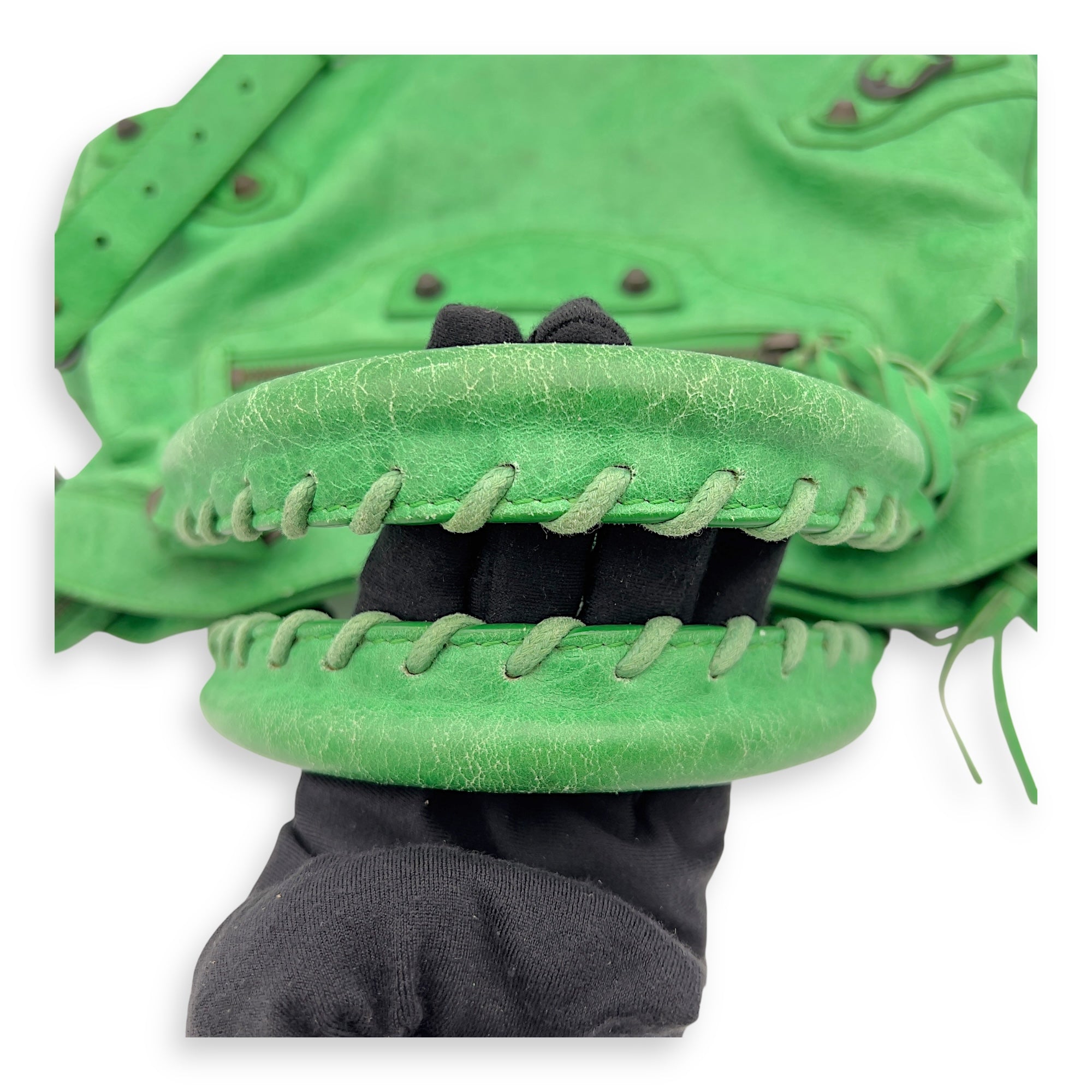 Balenciaga Motorcycle Town Green Top Handle Bag in Distressed Leather, Gunmetal hardware_11