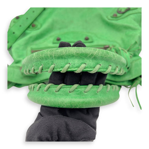 Balenciaga Motorcycle Town Green Top Handle Bag in Distressed Leather, Gunmetal hardware_11