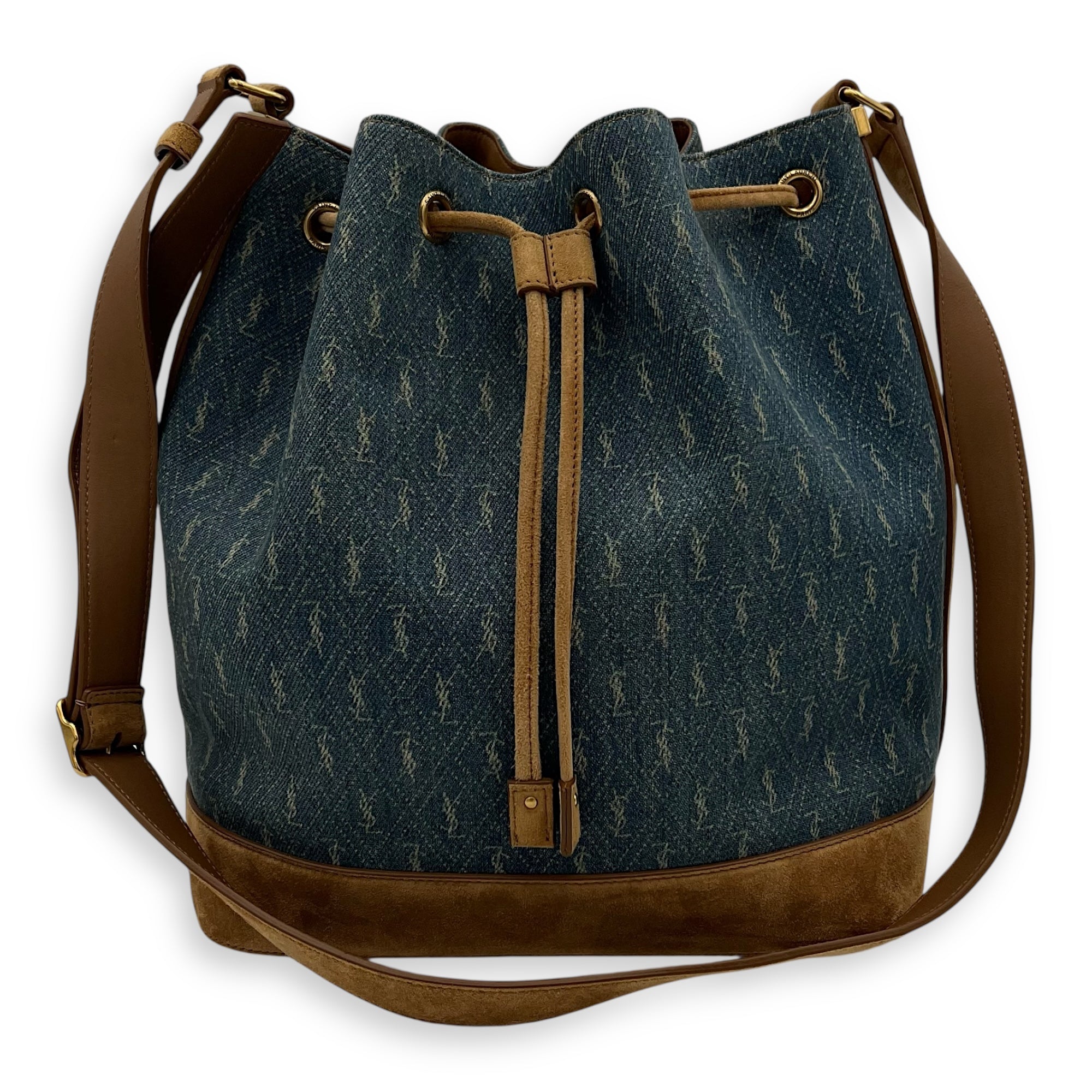 Saint Laurent All Over Bucket Bag Blue in Denim, Gold hardware_9