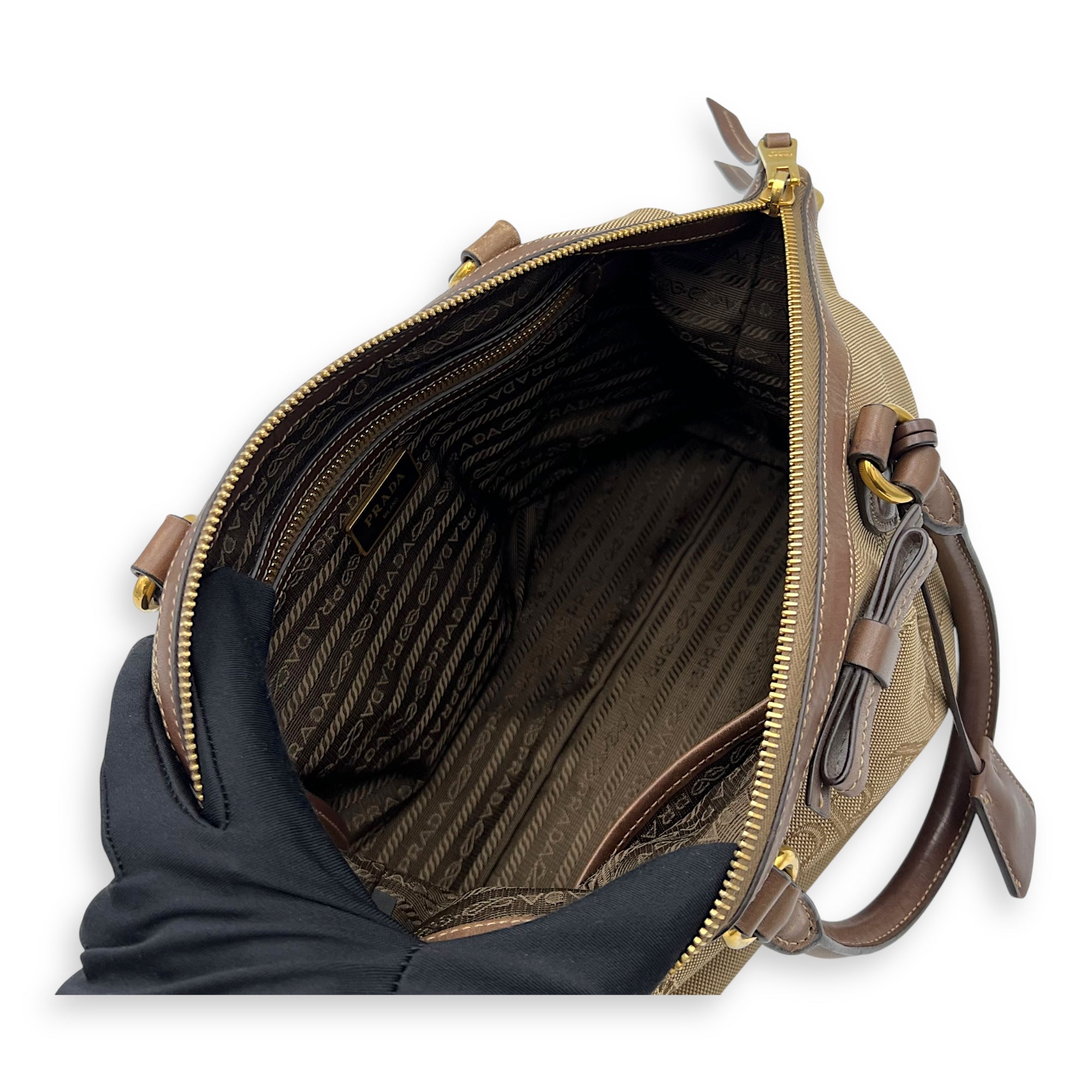 Prada Logo Small Brown Top Handle Bag in Canvas, Gold hardware_13