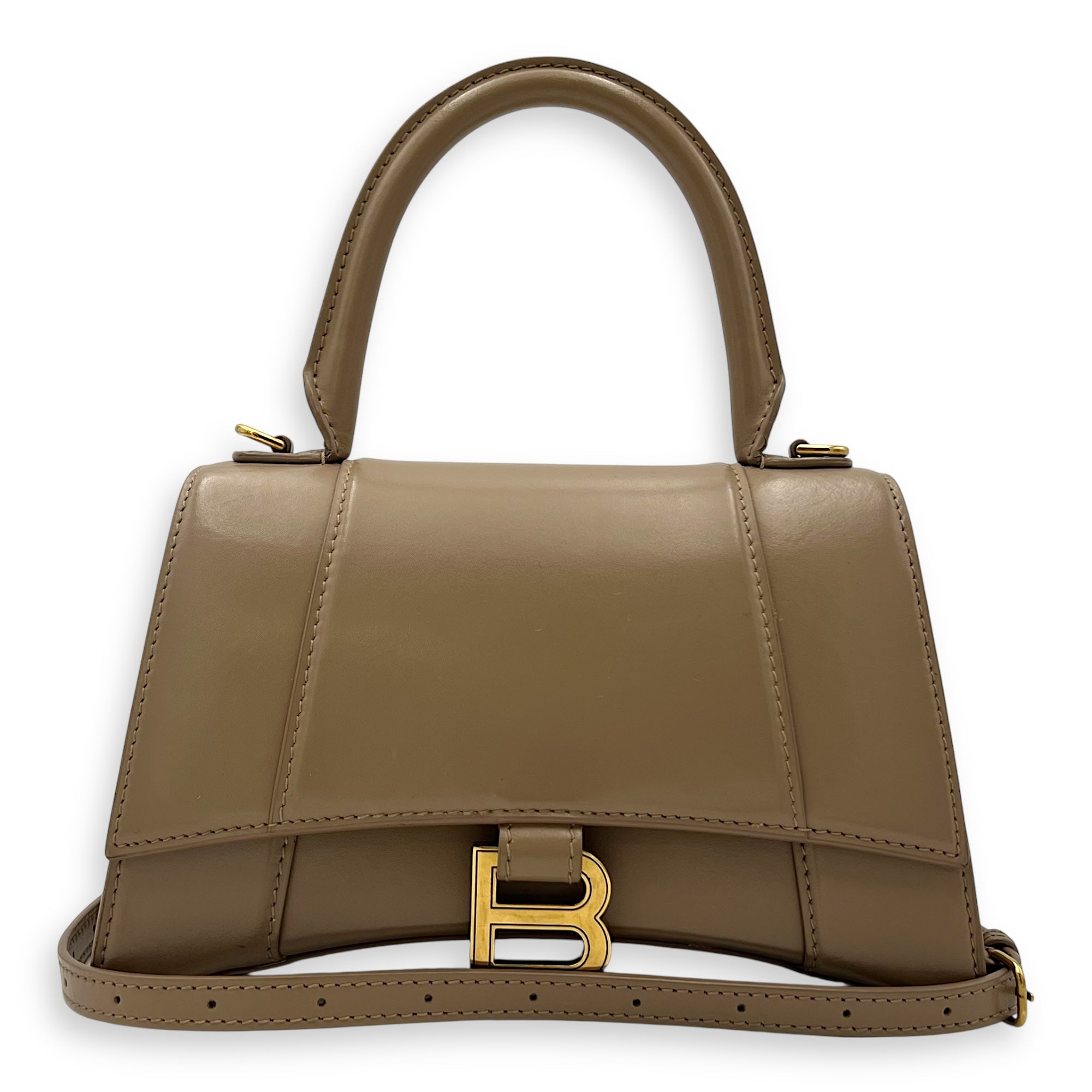 Balenciaga Hourglass Small Beige Top Handle Bag in Calfskin, Gold hardware_13