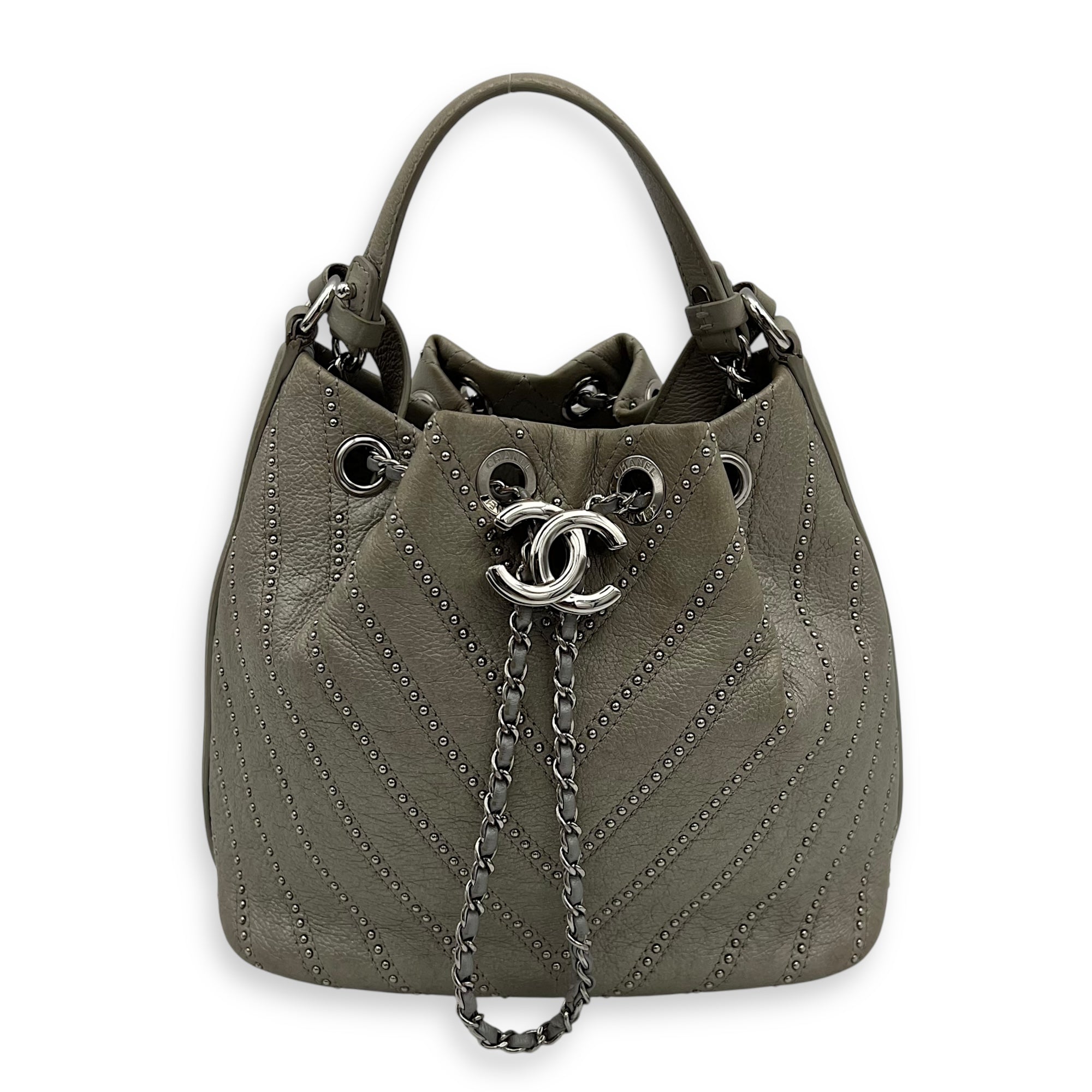 Chanel CC Chevron Bucket Bag Silver in Calfskin, Silver hardware_1