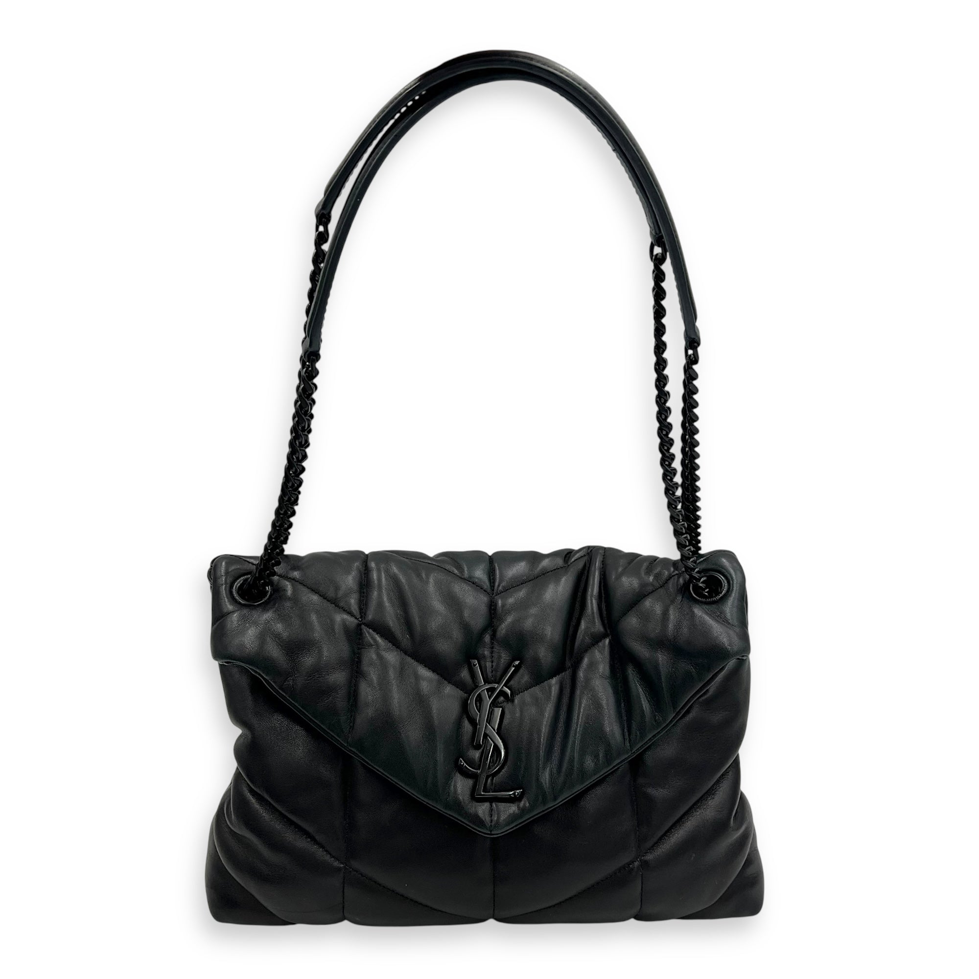 Saint Laurent Puffer Shoulder Bag Black in Lambskin, Lacquered Metal hardware_13