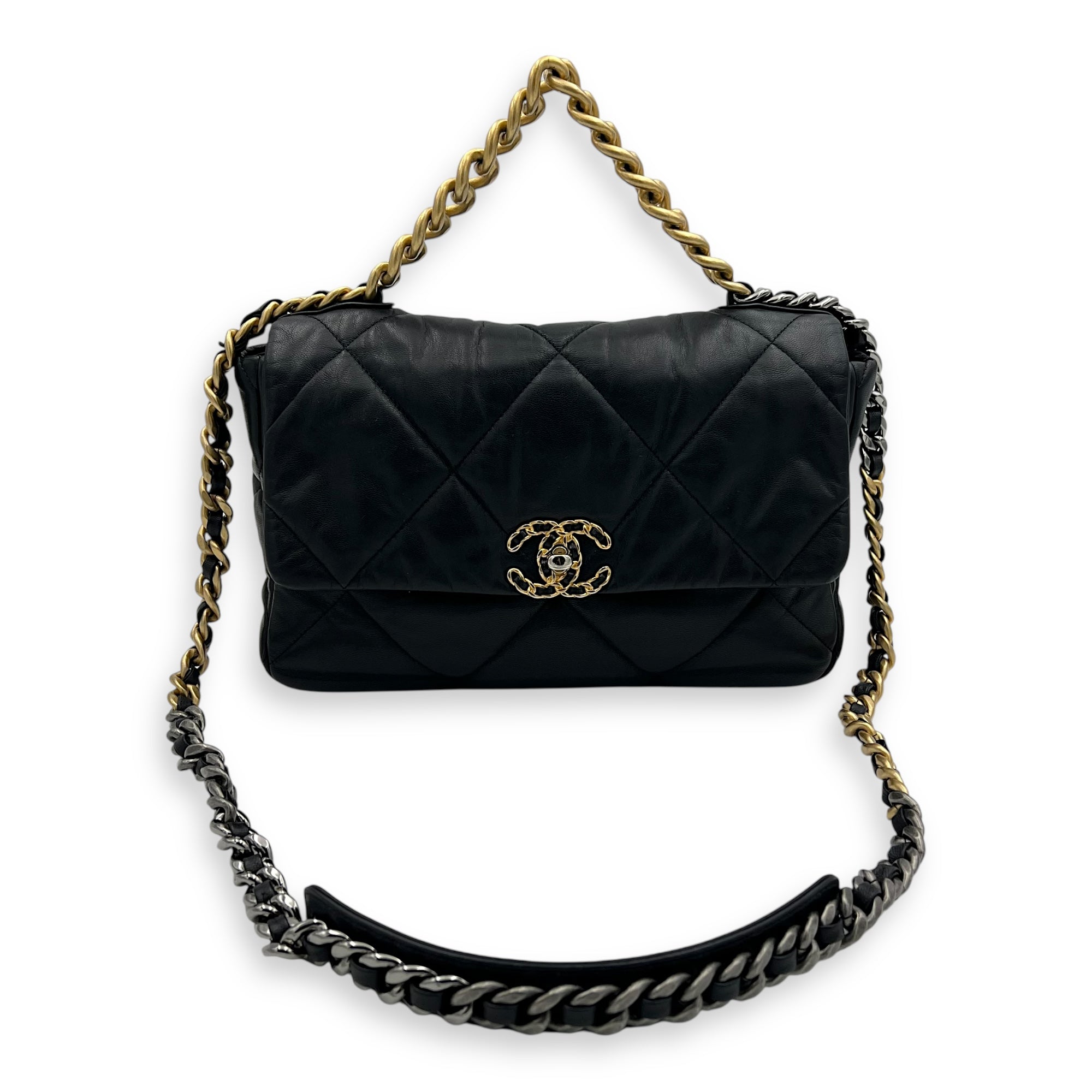 【中古】　IDOL BLACK solid 14ポンド Chanel C19 Large Black Shoulder Bag in Goat Leather, Mixed