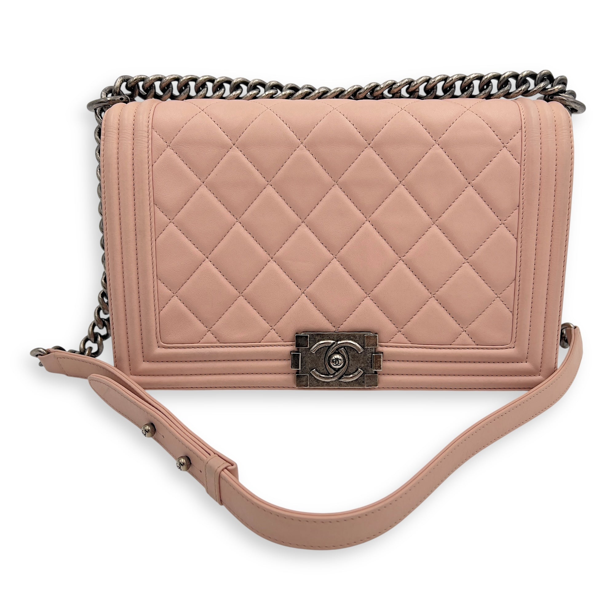 Chanel Boy Medium Pink Shoulder Bag in Calfskin, Ruthenium hardware_11