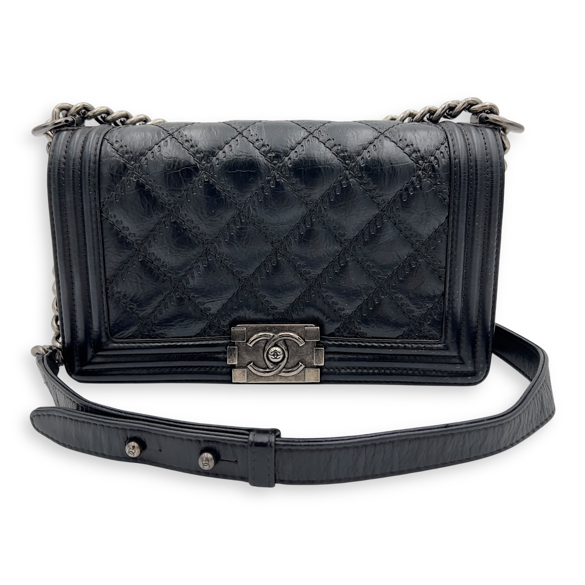 Chanel Boy Medium Black Shoulder Bag in Calfskin, Ruthenium hardware_13