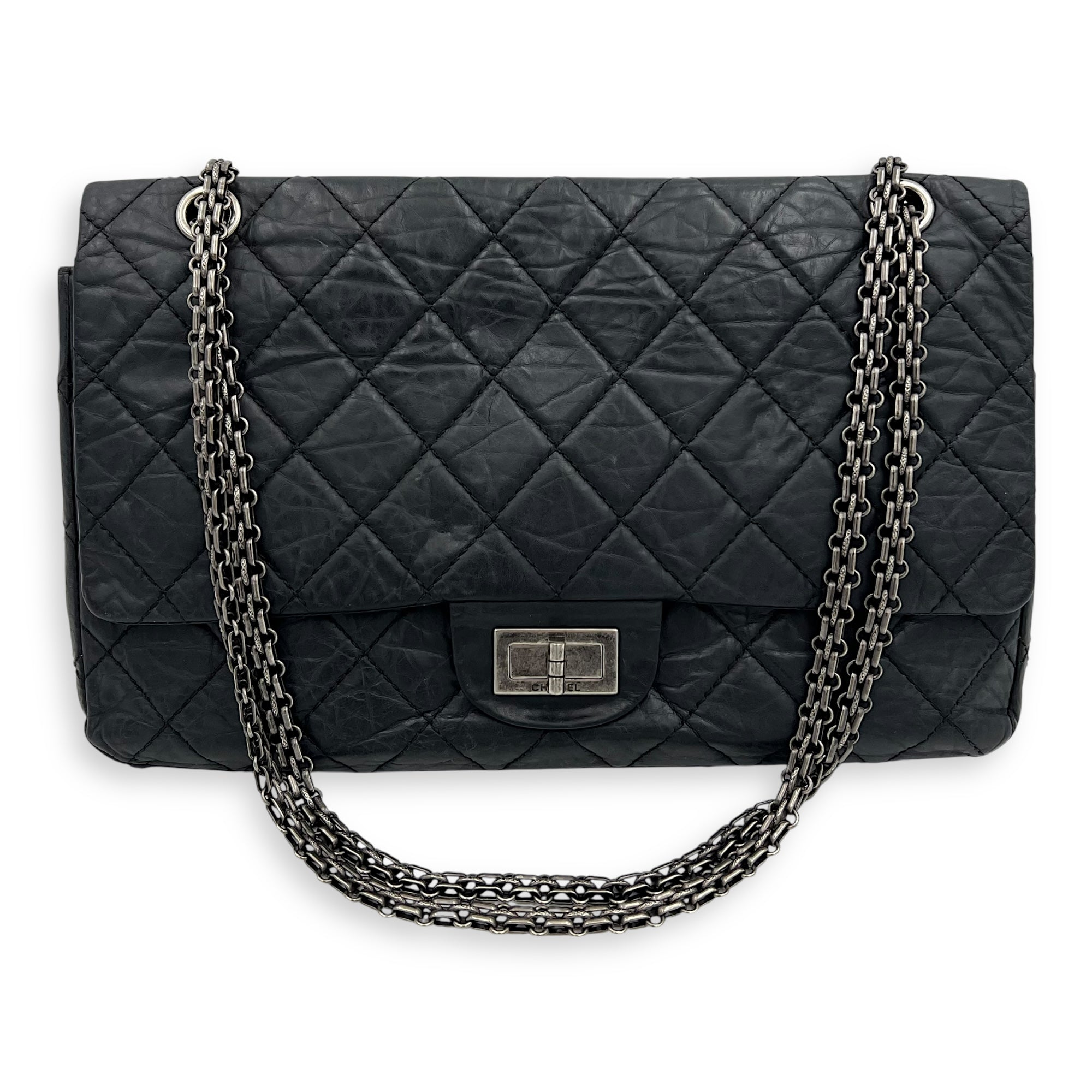 Chanel 2.55 227 Black Shoulder Bag in Calfskin, Ruthenium hardware_11