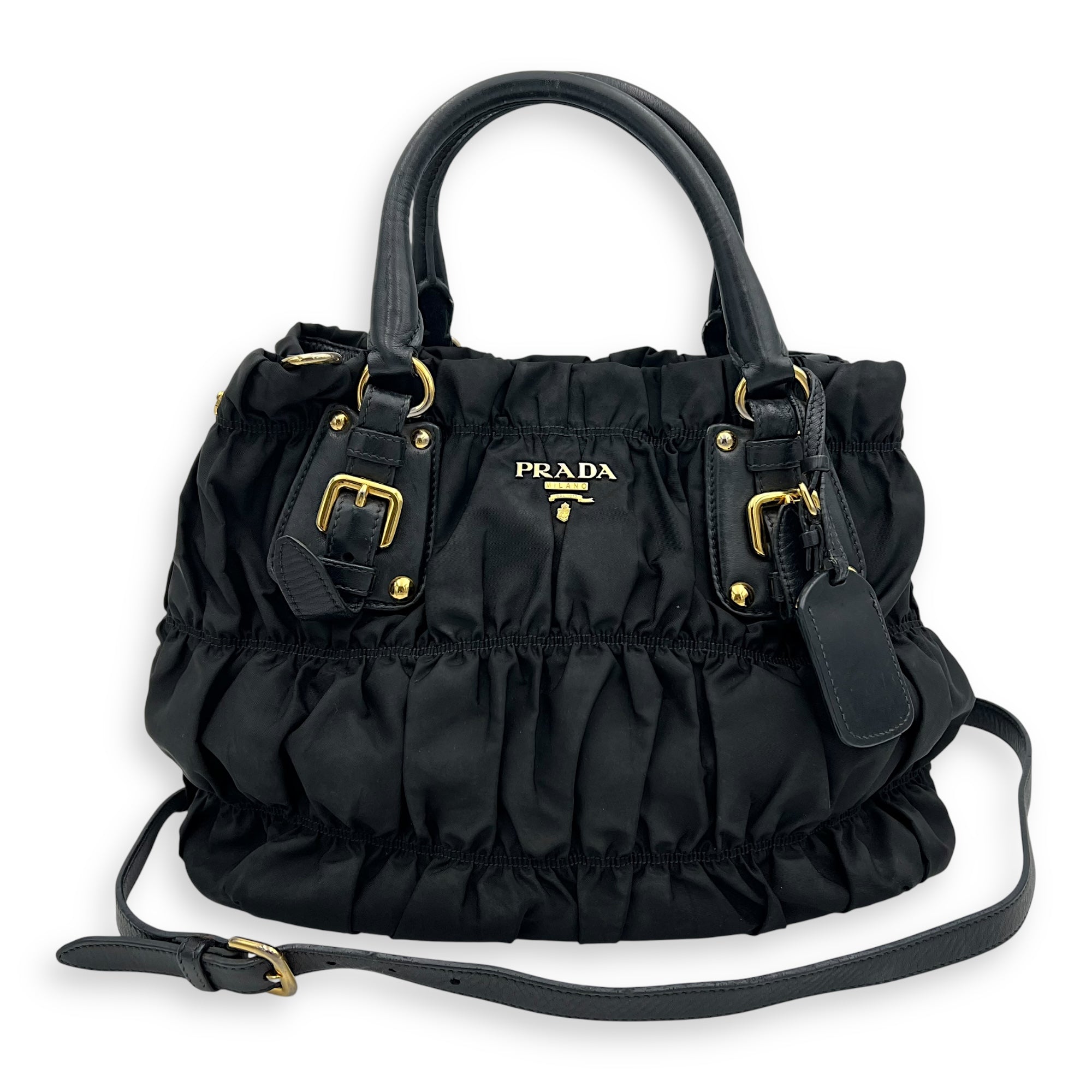 Prada Gaufre Top Handle Bag Black in Nylon, Gold hardware_11