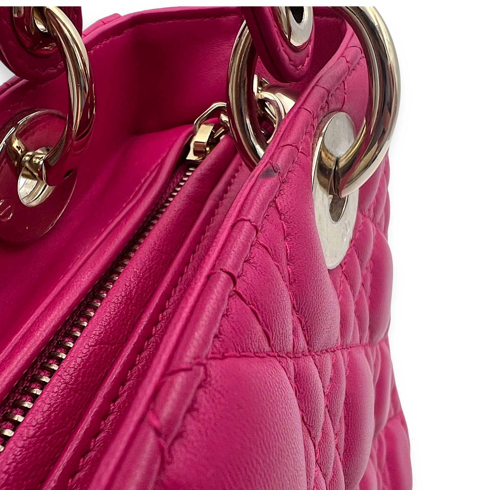 Dior Lady Dior Top Handle Bag Medium Pink in Calfskin, Gold hardware_13