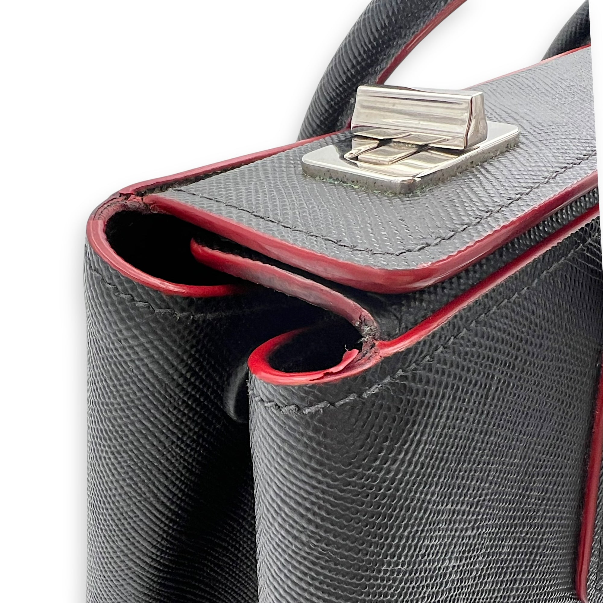 Prada 2 way turnlock bag Top Handle Bag Black in Saffiano Leather, Silver hardware_13