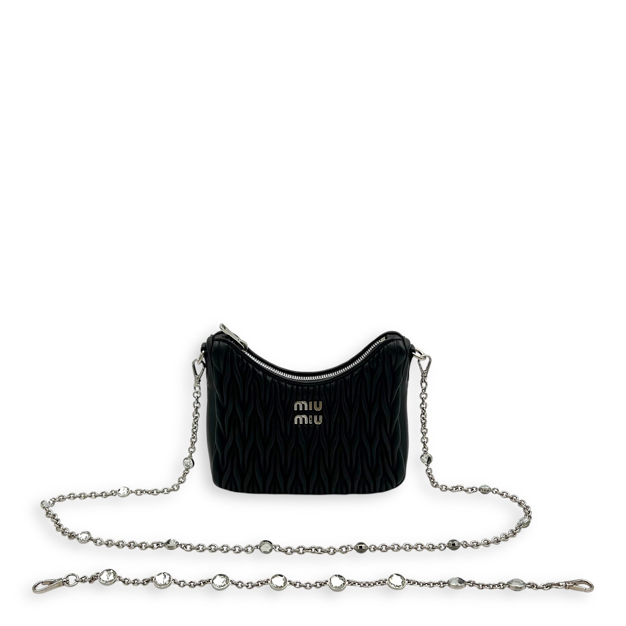 Miu Miu Matelassé Shoulder Bag Black in Lambskin, Silver hardware_13